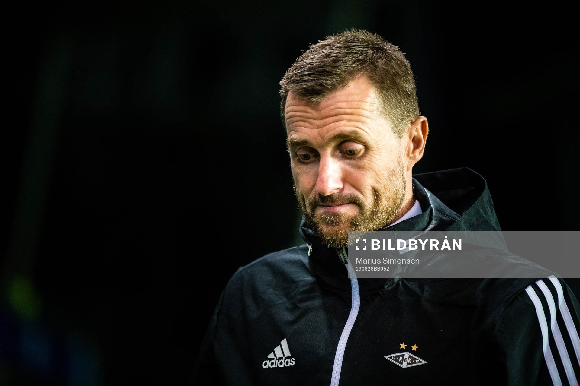 Eirik Horneland, head coach of Rosenborg, looks dejected after the Champions League play-off match between Rosenborg and Dinamo Zagreb on August 27, 2019 in Trondheim.