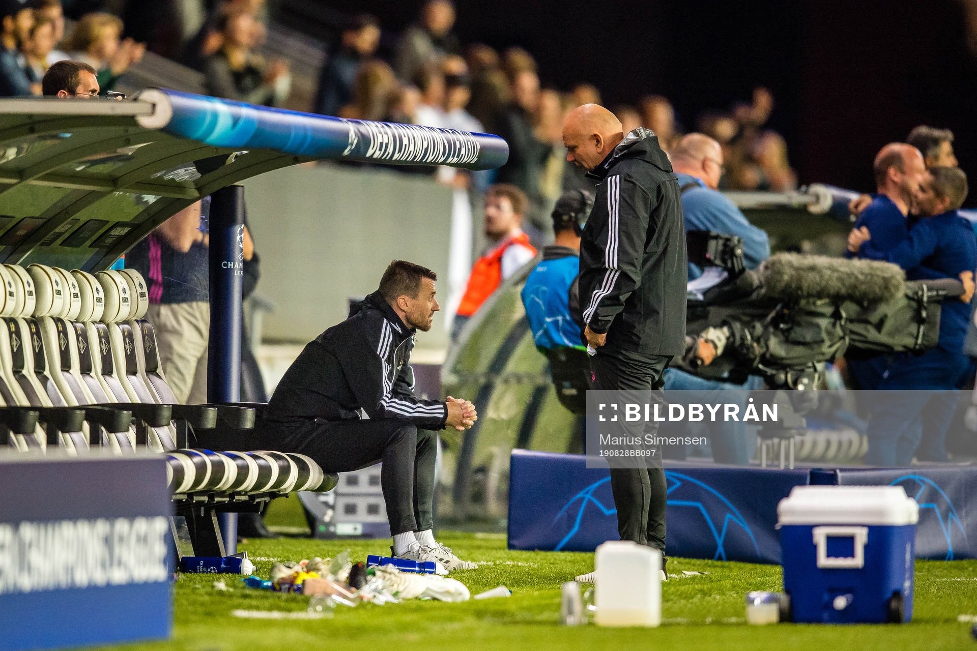 Eirik Horneland, head coach of Rosenborg, and Karl Oskar Emberland, assistant coach of Rosenborg, after the Champions League play-off match between Rosenborg and Dinamo Zagreb on August 27, 2019 in Trondheim.