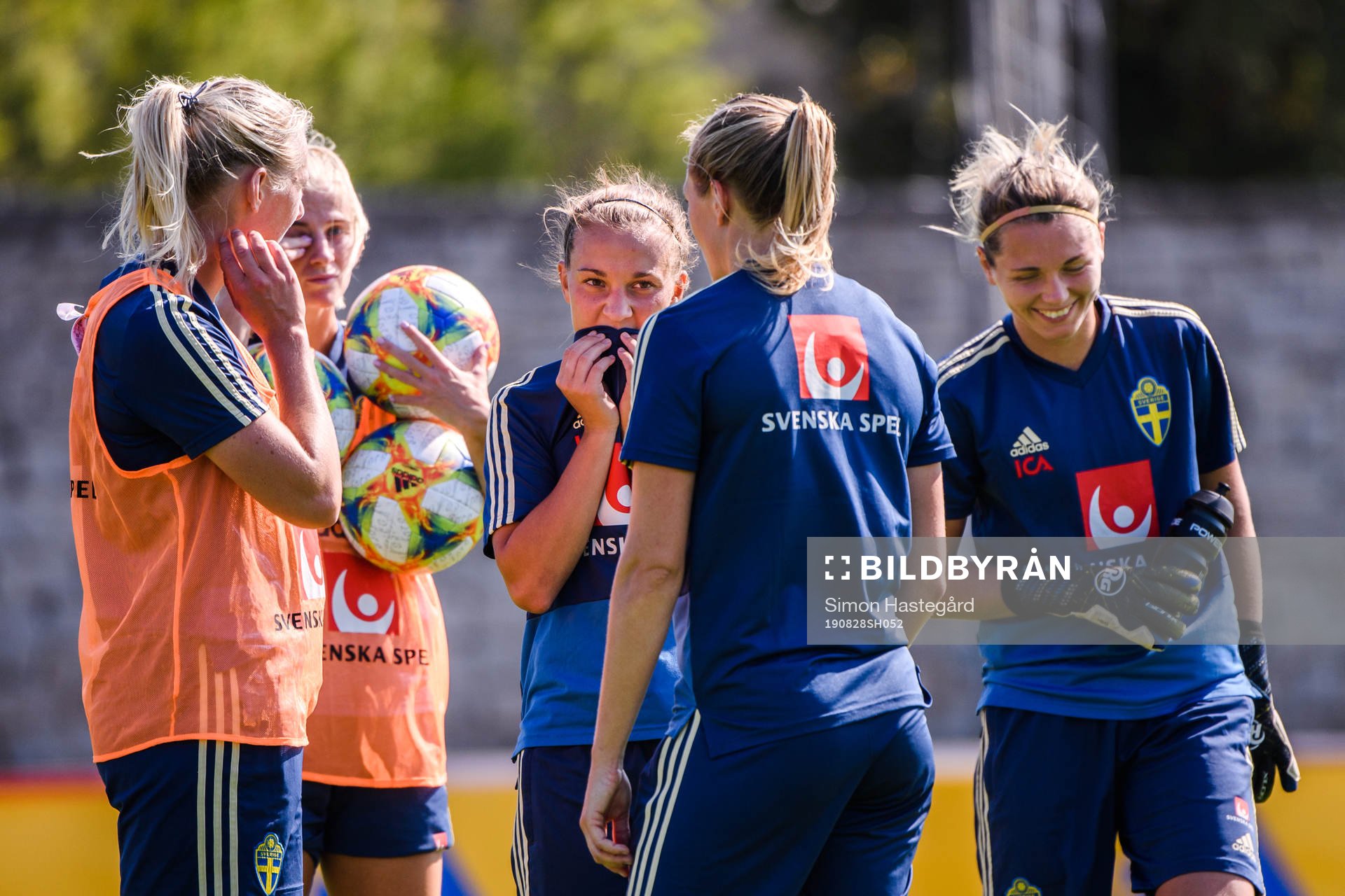 Julia Zigiotti Olme and goalkeeper Jennifer Falk of the Swedish national women football team during a training session on august 28, 2019 in Visby.