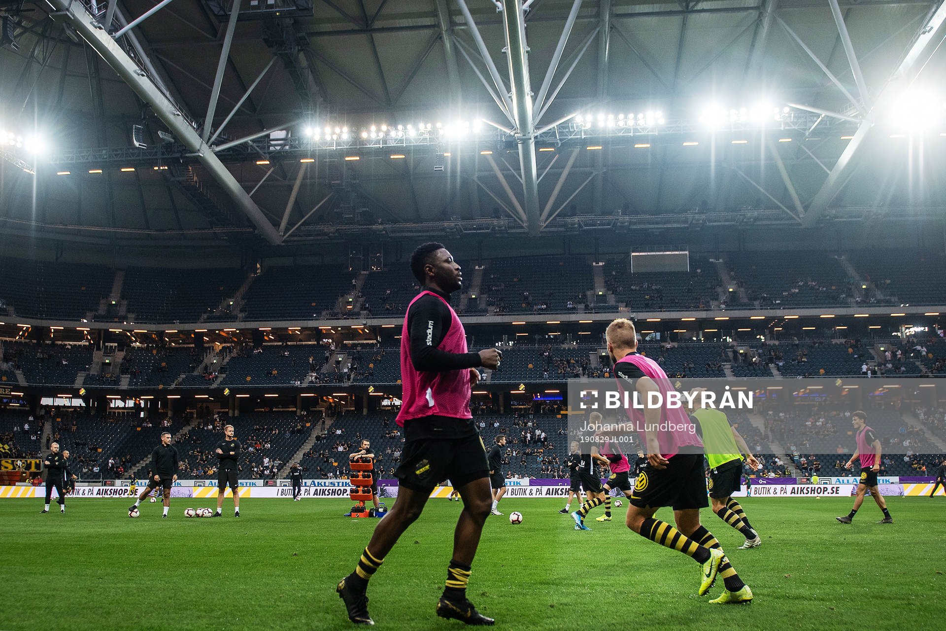Players of AIK during a warm up ahead of the Europa League qualifying match between AIK and Celtic on August 29, 2019 in Stockholm.