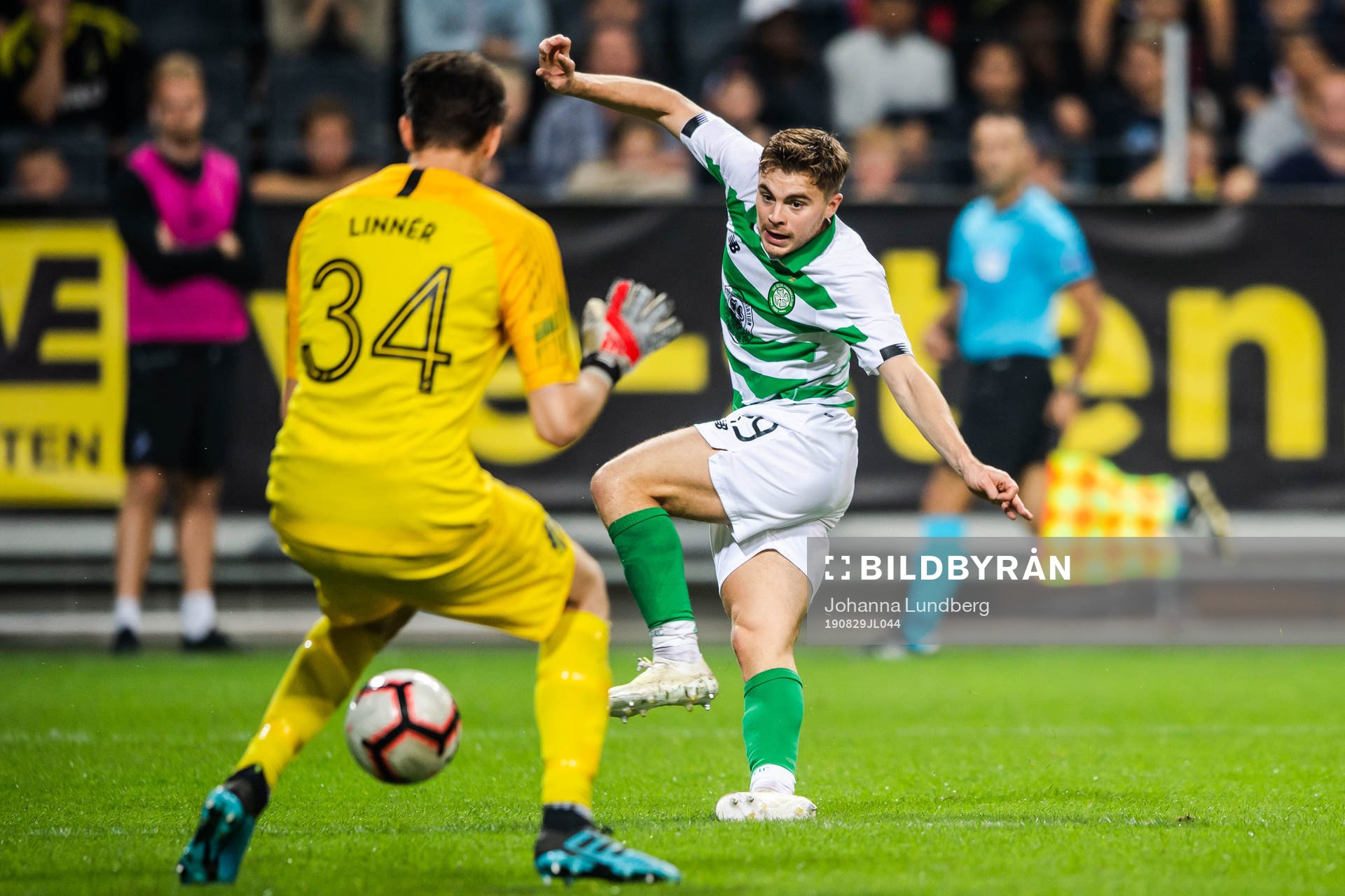 James Forrest of Celtic and goalkeeper Oscar Linnér of AIK
