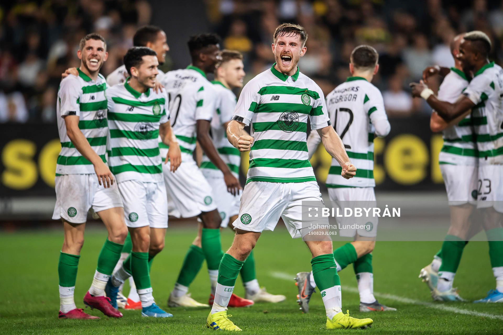 Anthony Ralston of Celtic celebrates during the Europa League qualifying match between AIK and Celtic on August 29, 2019 in Stockholm.