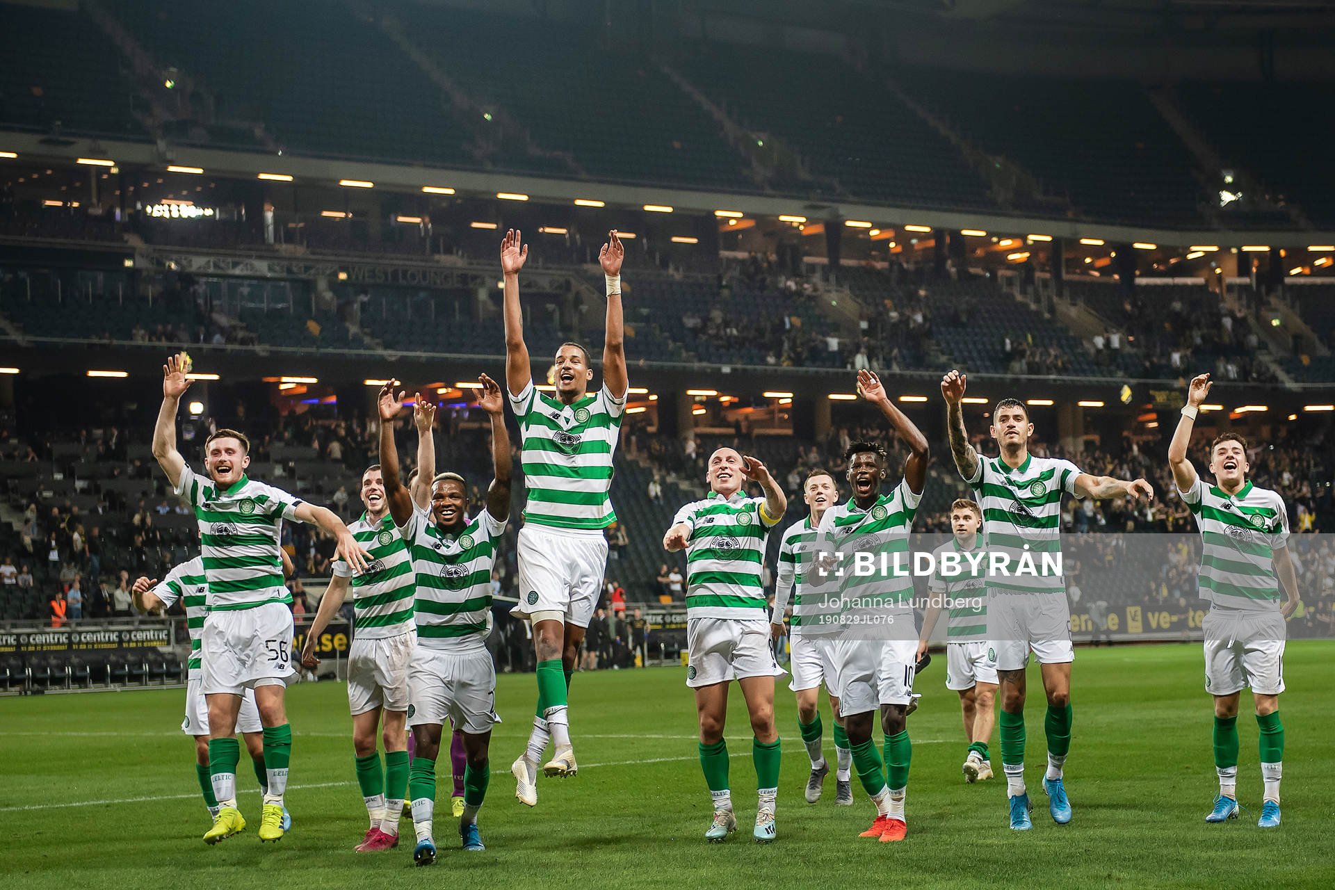 Players of Celtic celebrates after the Europa League qualifying match between AIK and Celtic on August 29, 2019 in Stockholm.