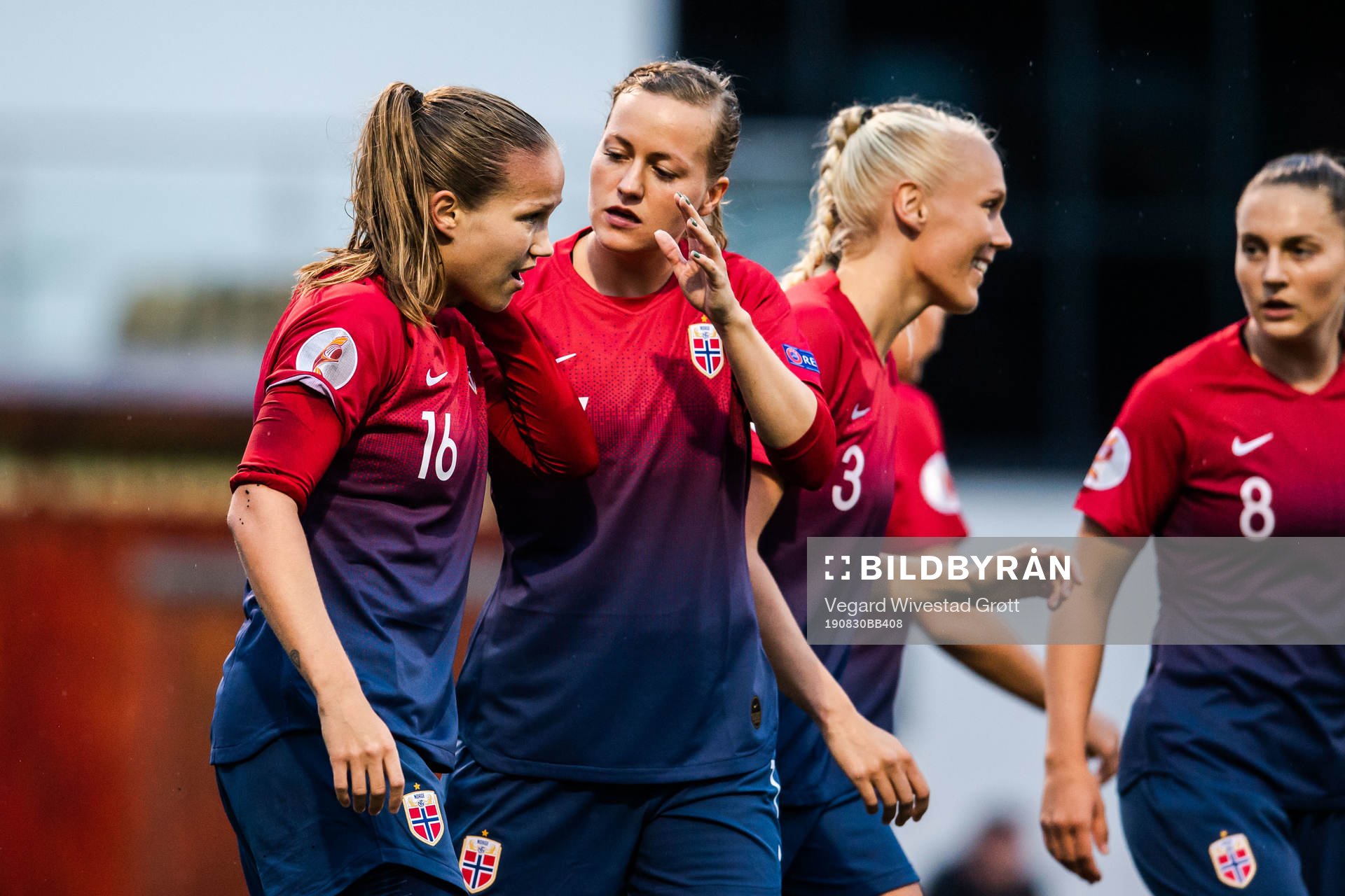 Guro Reiten and Kristine Minde of Norway celebrate after 0-1 during the UEFA Women's Euro Qualifier football match between Northern Ireland and Norway on August 30, 2019 in Belfast.