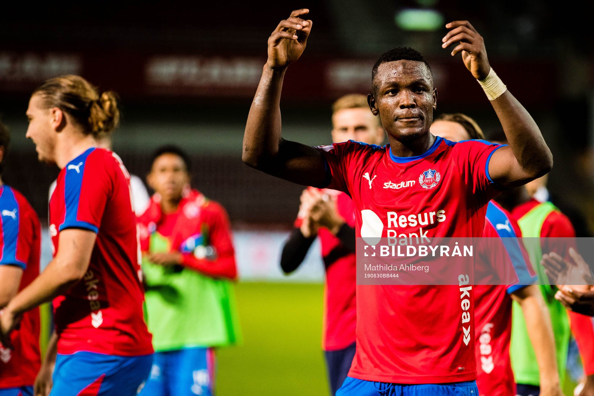 Helsingborgs Alhaji Gero jublar efter fotbollsmatchen i Allsvenskan mellan Helsingborg och Östersund den 30 augusti 2019 i Helsingborg .