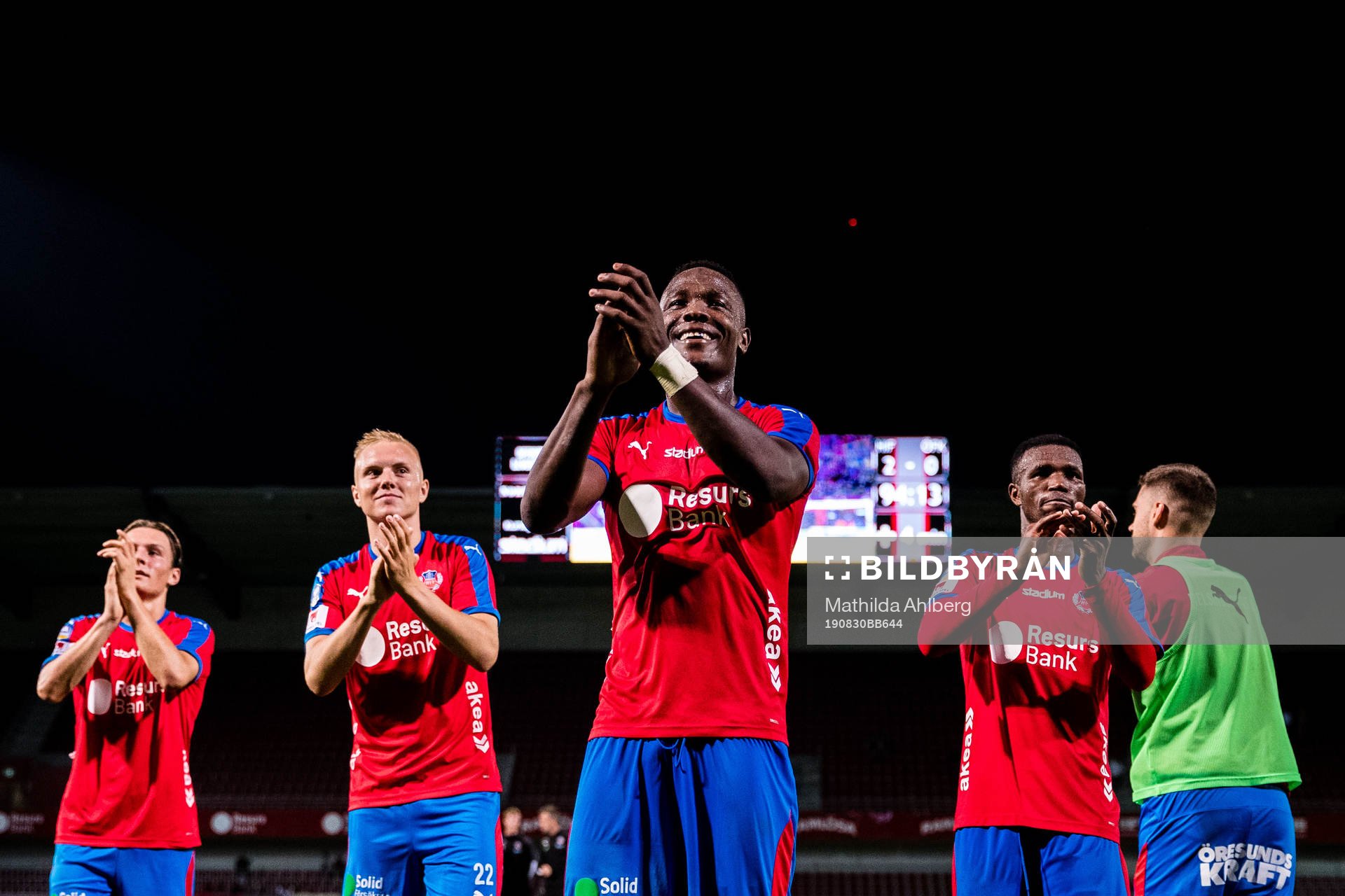 Helsingborgs Filip Sjöberg, Daniel Hafsteinsson, Alhaji Gero och Mohammed Abubakari jublar efter fotbollsmatchen i Allsvenskan mellan Helsingborg och Östersund den 30 augusti 2019 i Helsingborg .