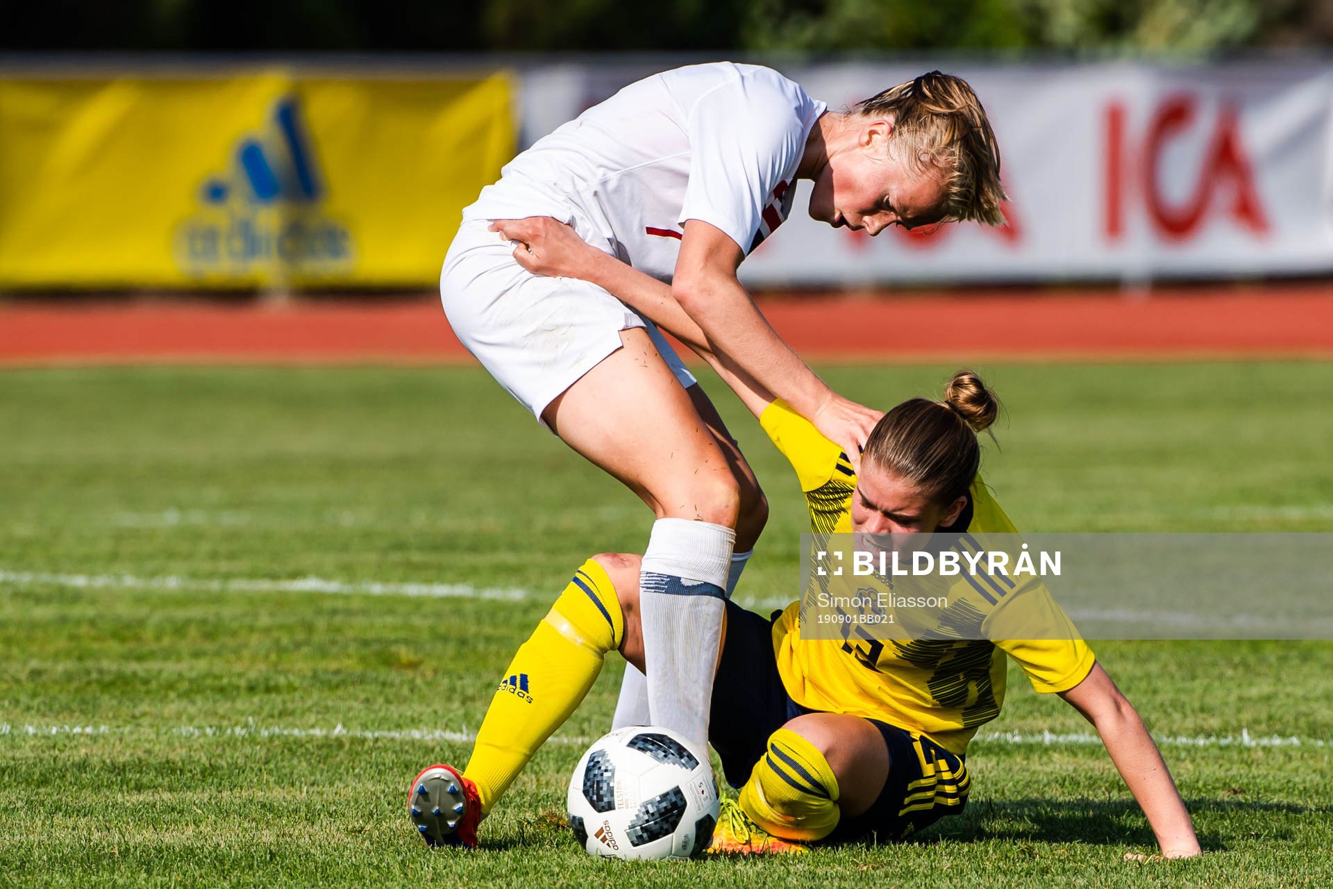 Julie Blakstad of Norway and My Cato of Sweden during the women's under 18 football match between Sweden and Norway on September 1, 2019 in Piteå.