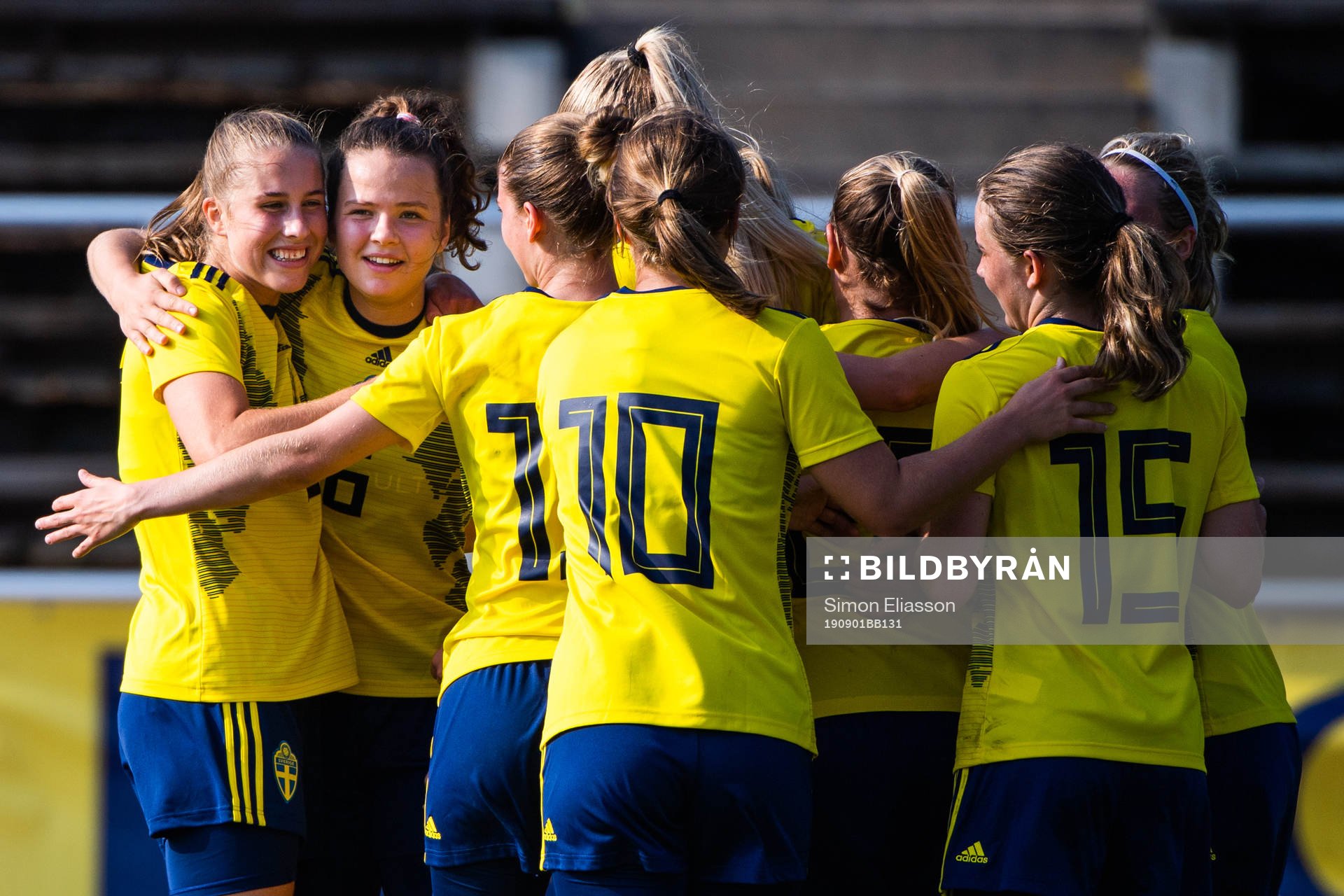 Johanna Alm and Julia Walentowicz of Sweden celebrates after 1-1 by Walentowicz during the women's under 18 football match between Sweden and Norway on September 1, 2019 in Piteå.