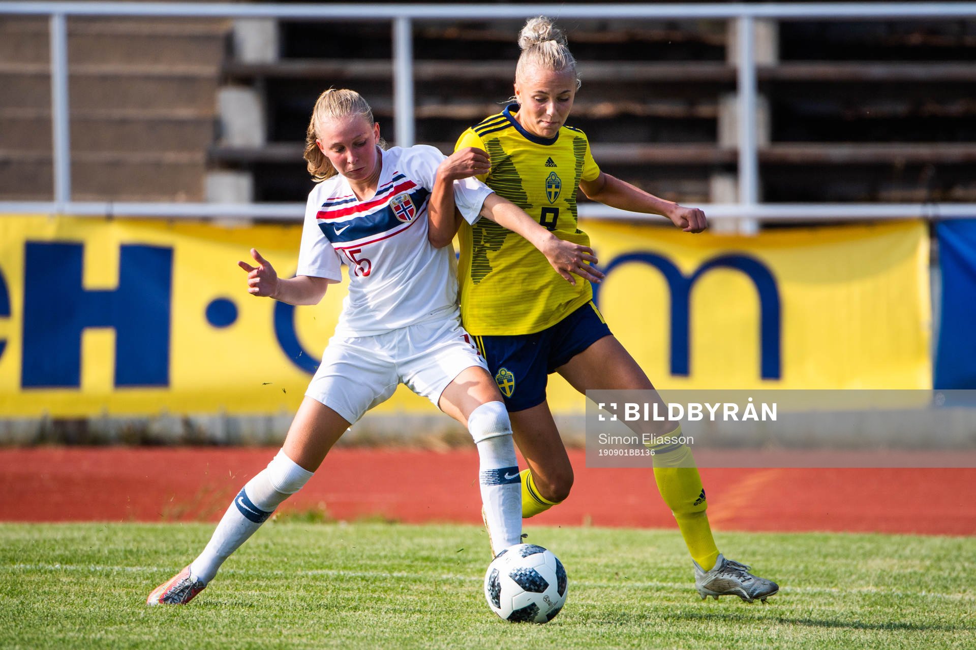 Emilie Marie Joramo of Norway and Sara Lilja Vidlund of Sweden during the women's under 18 football match between Sweden and Norway on September 1, 2019 in Piteå.