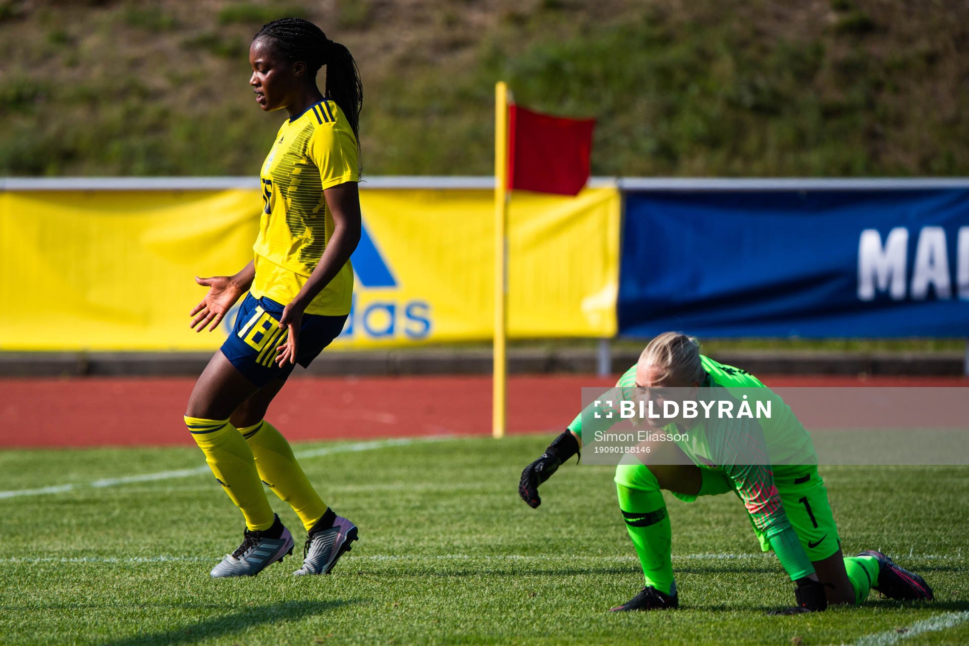 Evelyn Ijeh of Sweden and goalkeeper Hanne Larsen of Norway during the women's under 18 football match between Sweden and Norway on September 1, 2019 in Piteå.