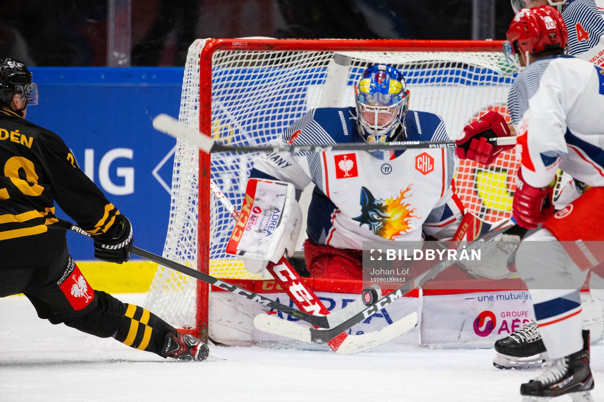 Jesper Frödén of Skellefteå shoots at Lukas Horak  of