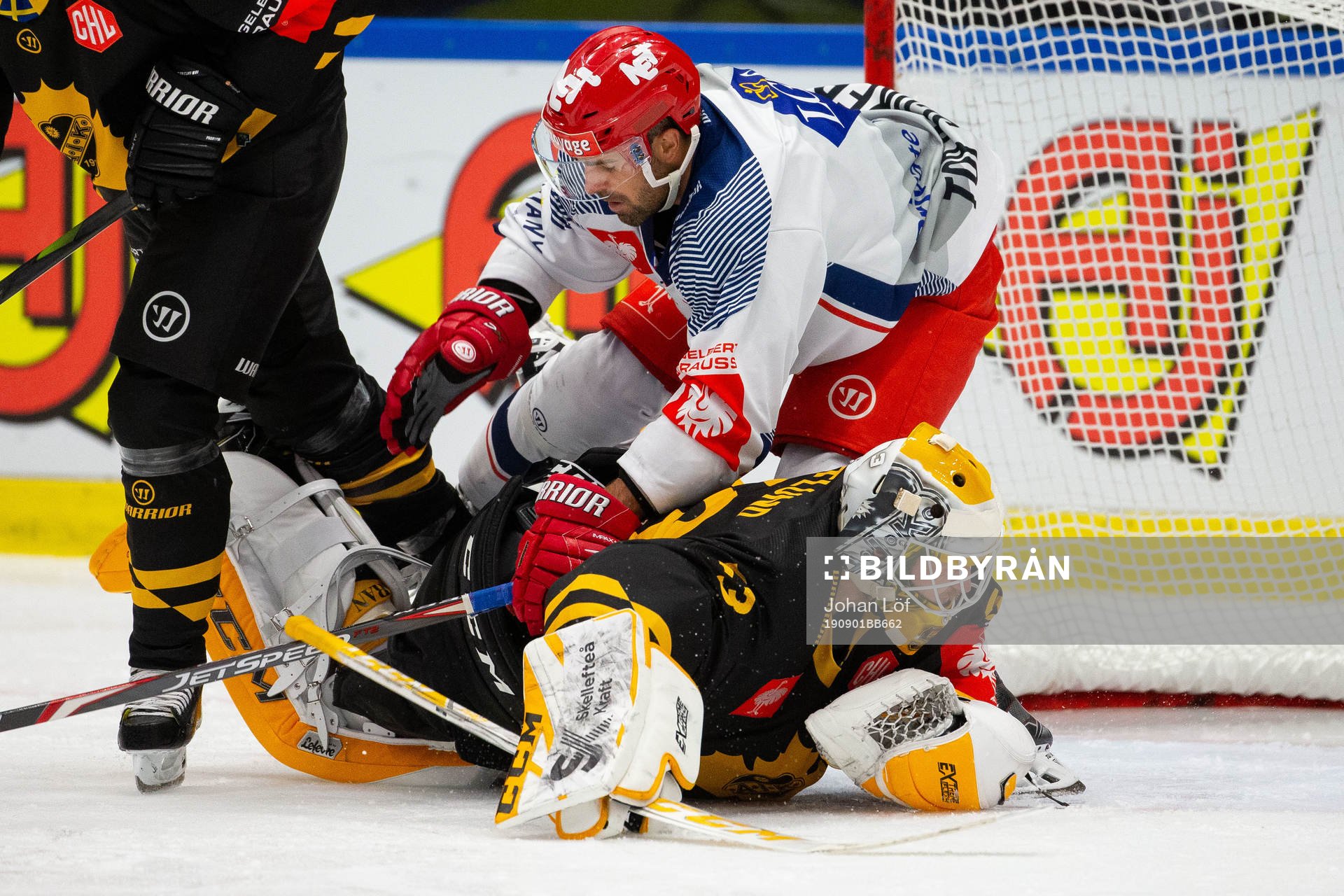 Damien Fleury of Grenoble and goalkeeper Oskar Östlund of