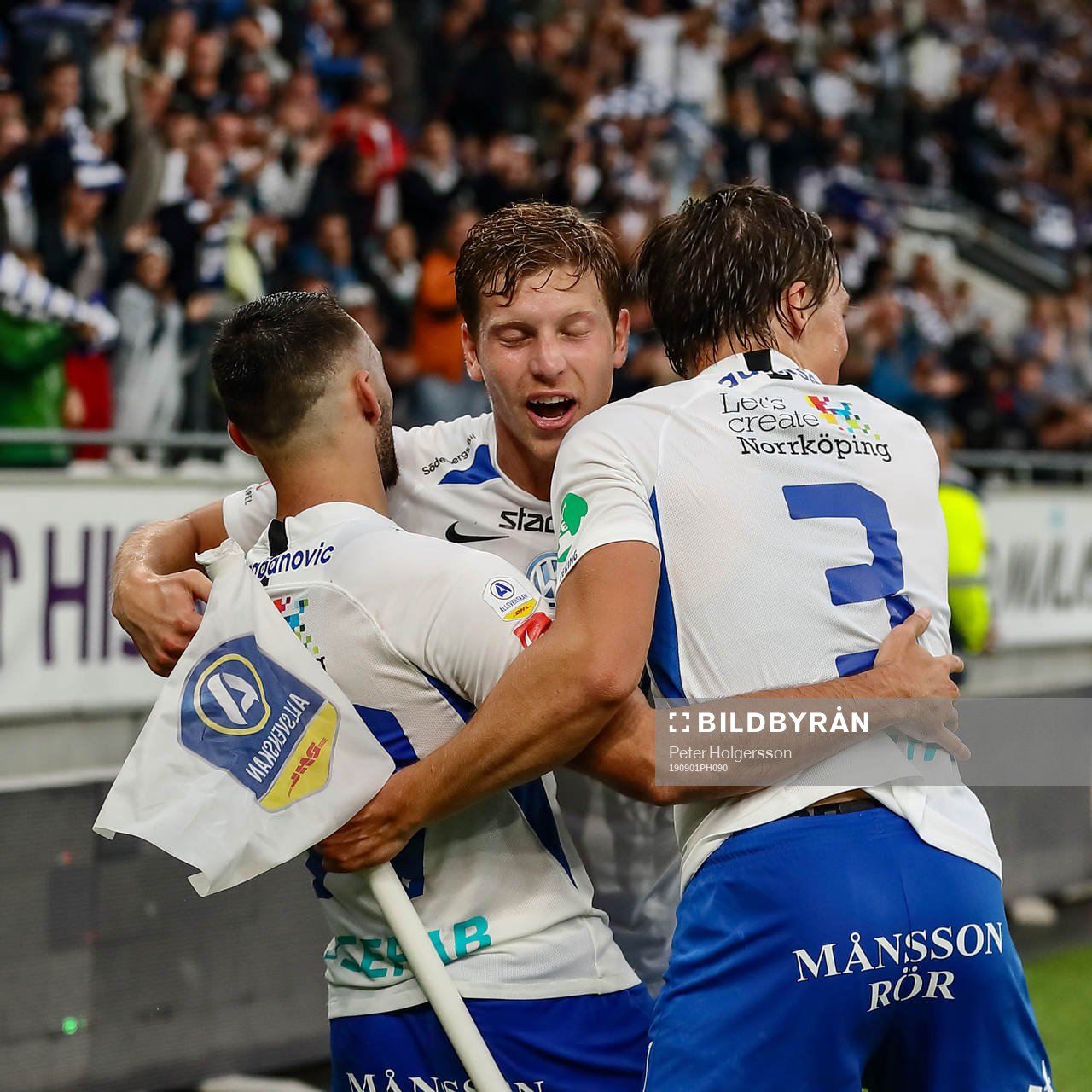 IFK Norrköpings Sead Haksabanovic, Alexander Fransson 0ch Rasmus Lauritsen jublar efter mål 2-0 av Sead Haksabanovic under fotbollsmatchen i Allsvenskan mellan IFK Norrköping och Hammarby den 1 september 2019 i Norrköping.