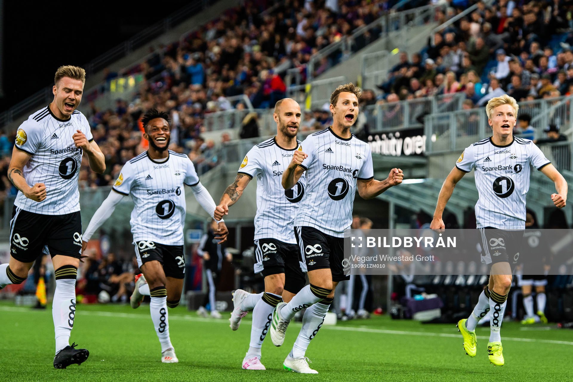 Vegar Eggen Hedenstad of Rosenborg celebrates with teammates after scoring 0-1 during the Eliteserien football match between Vålerenga and Rosenborg on September 1, 2019 in Oslo.