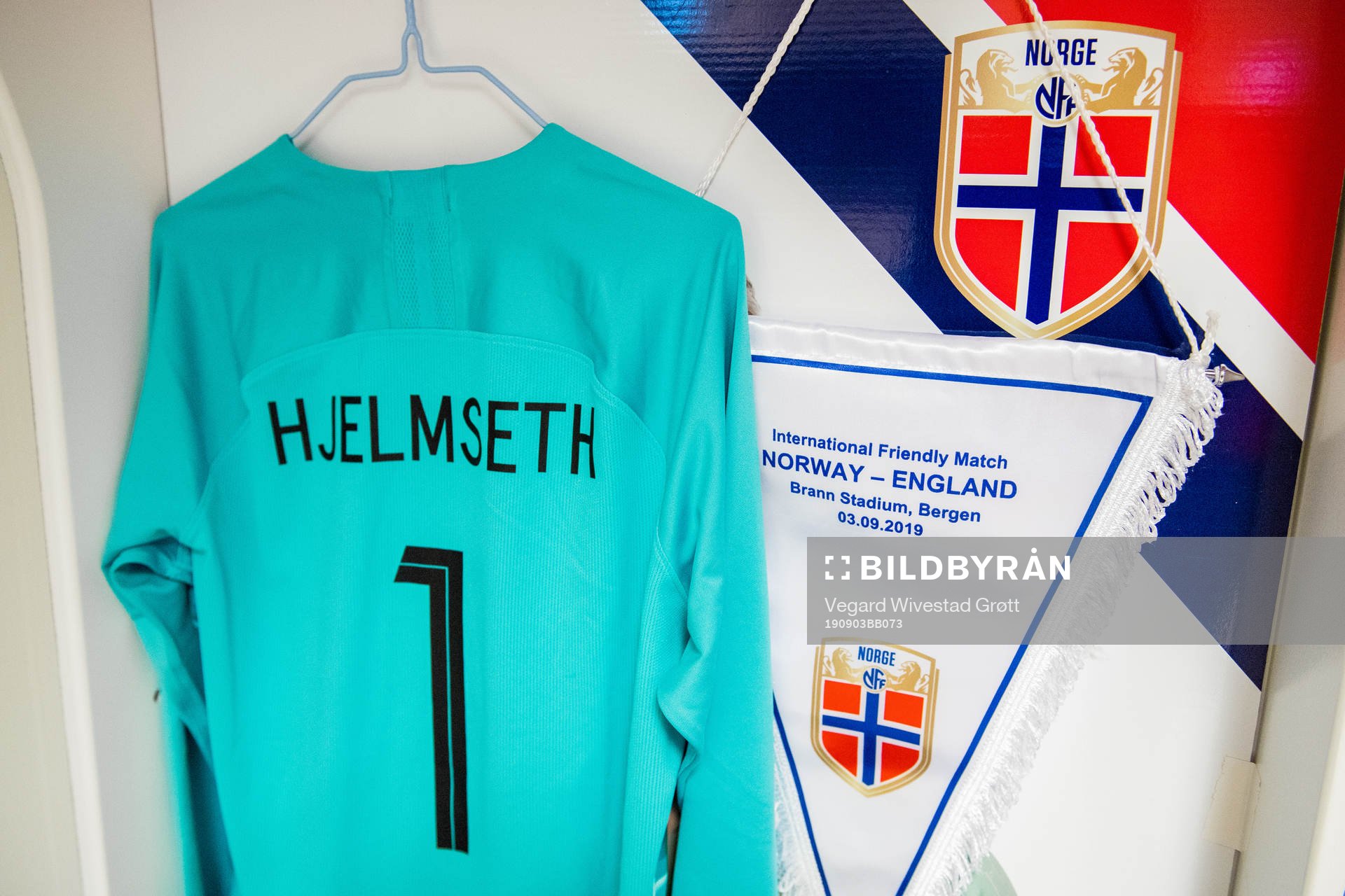 The shirt of goalkeeper Ingrid Hjelmseth of Norway in the