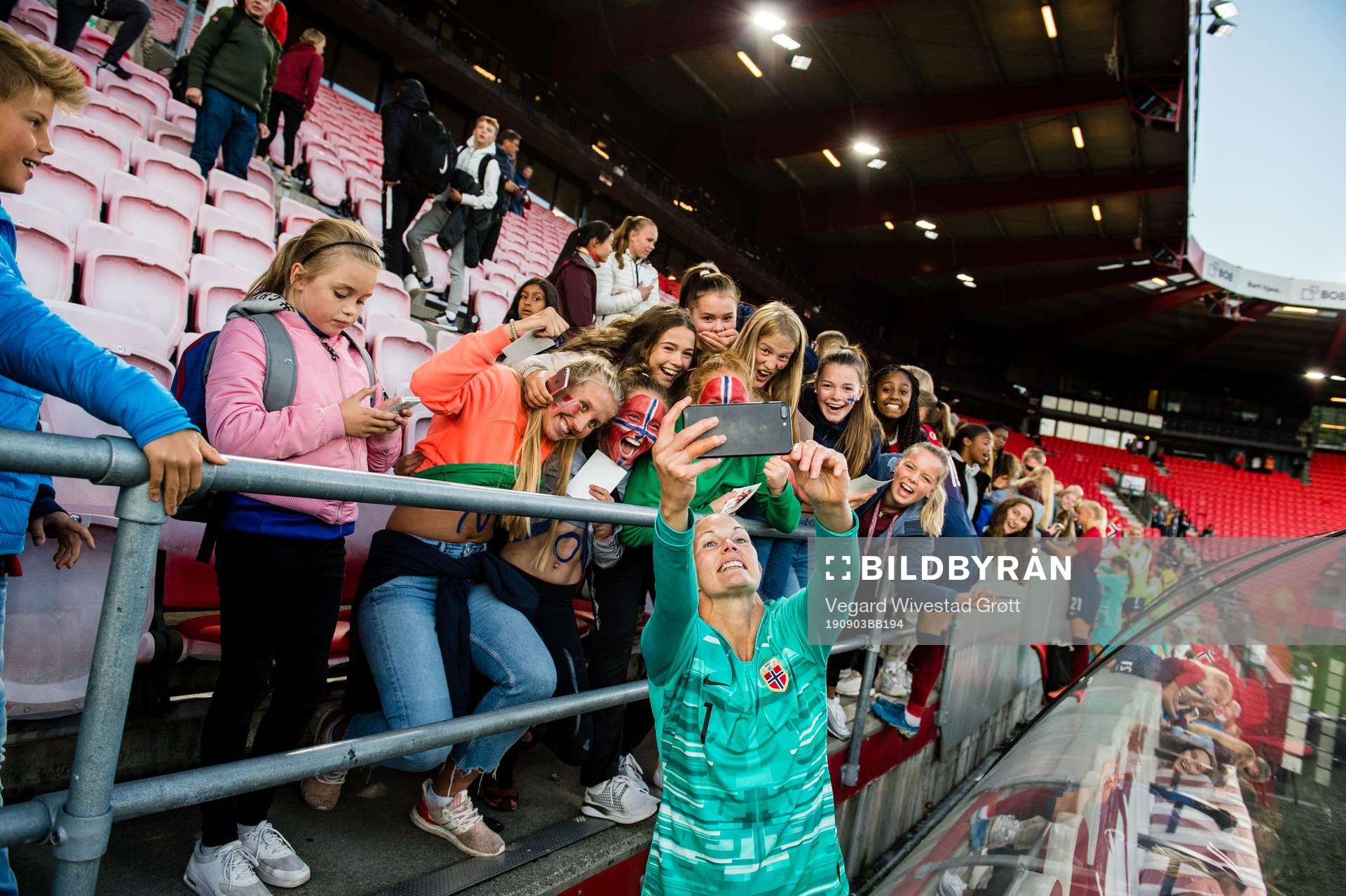 goalkeeper Ingrid Hjelmseth of Norway takes selfies with