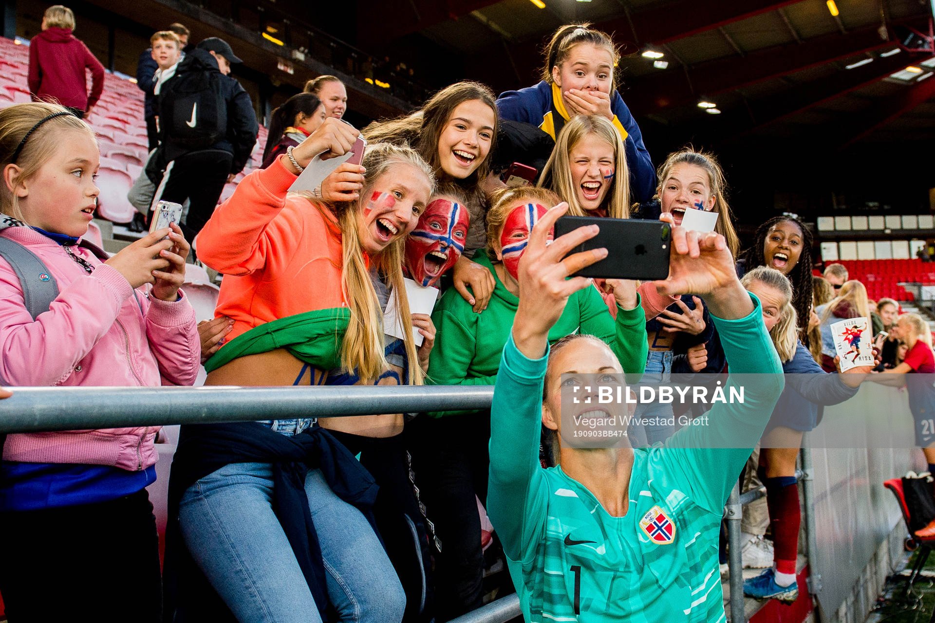 Goalkeeper Ingrid Hjelmseth of Norway takes a selfie with