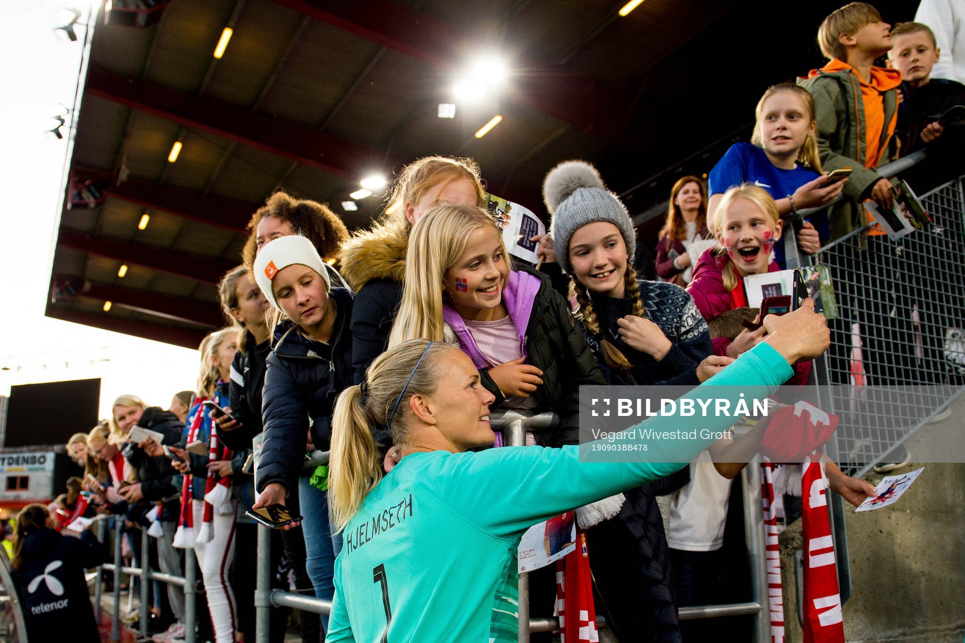 Goalkeeper Ingrid Hjelmseth of Norway takes a selfie with