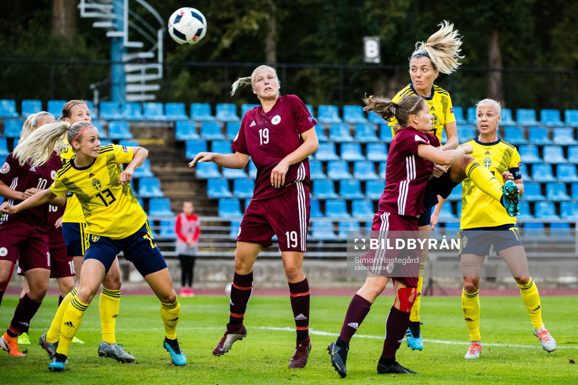 Linda Sembrant of Sweden scores 1-1 during the UEFA Women's Euro Qualifier football match between Latvia and Sweden on September 3, 2019 in Liepāja.