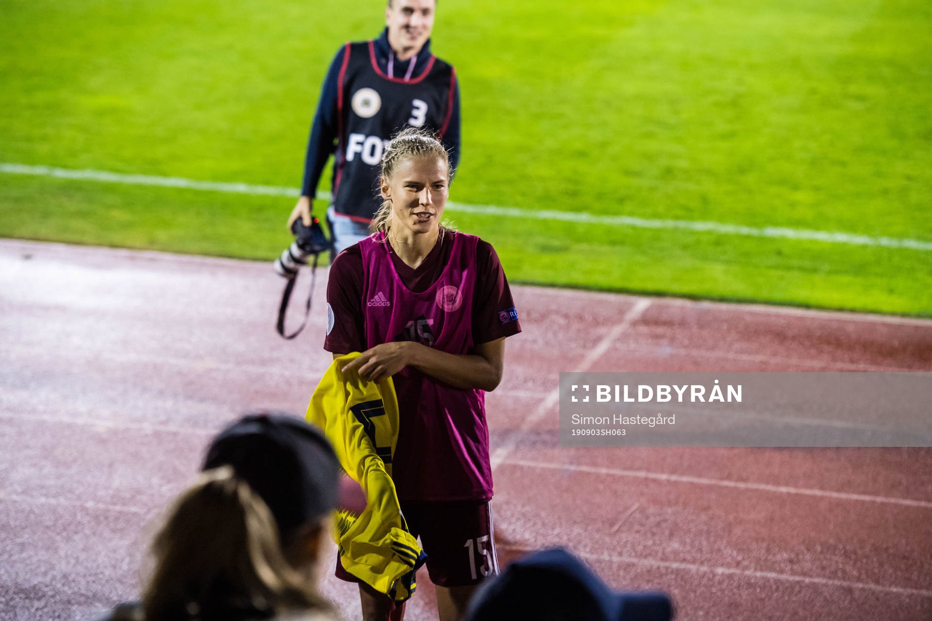 Ligita Tumane of Latvia celebrates when she gets Magdalena Eriksson shirt during the UEFA Women's Euro Qualifier football match between Latvia and Sweden on September 3, 2019 in Liepāja.