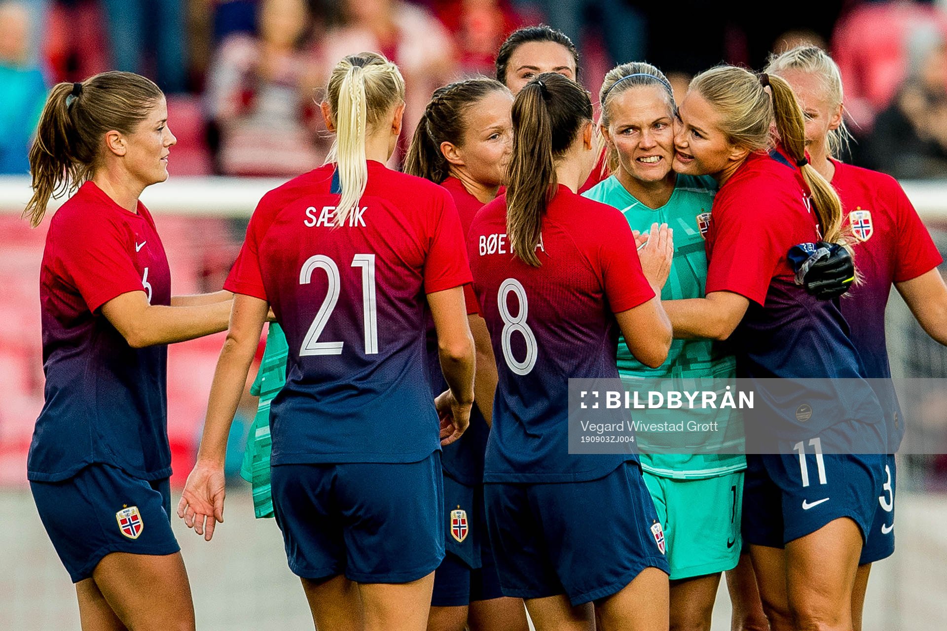 Goalkeeper Ingrid Hjelmseth of Norway with teammates Maren
