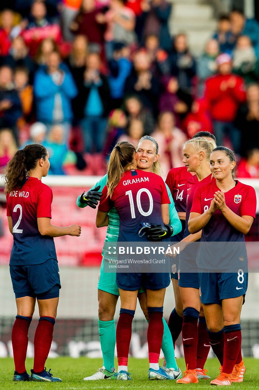 Goalkeeper Ingrid Hjelmseth of Norway with teammate