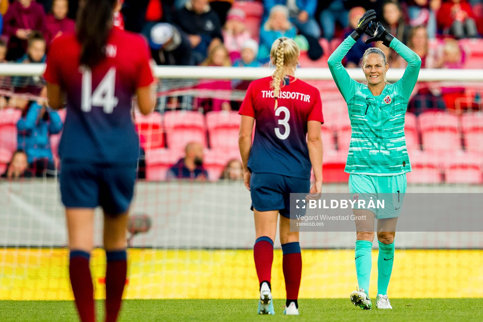 Goalkeeper Ingrid Hjelmseth of Norway is being substituted