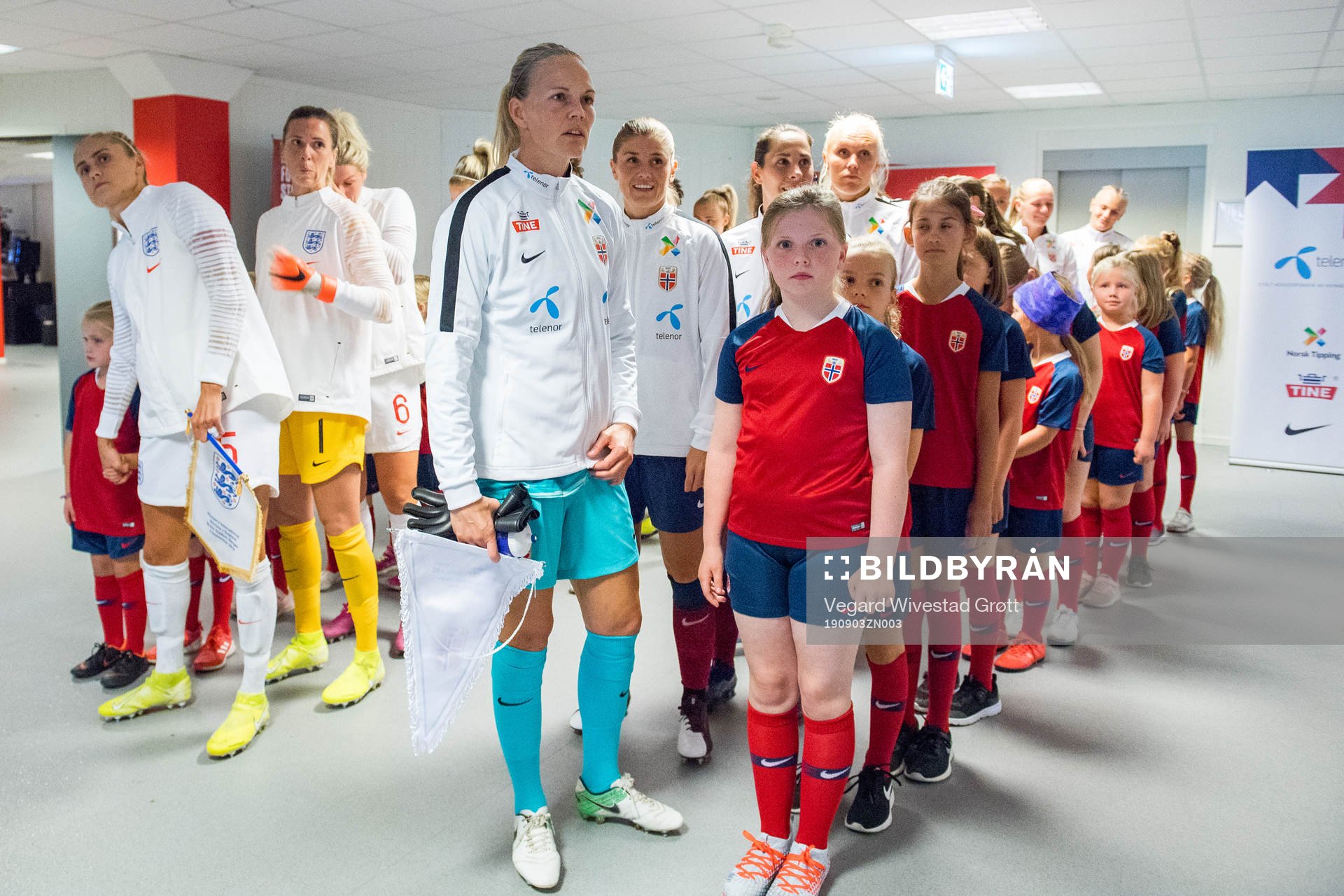 Goalkeeper Ingrid Hjelmseth and Maren Mjelde of Norway
