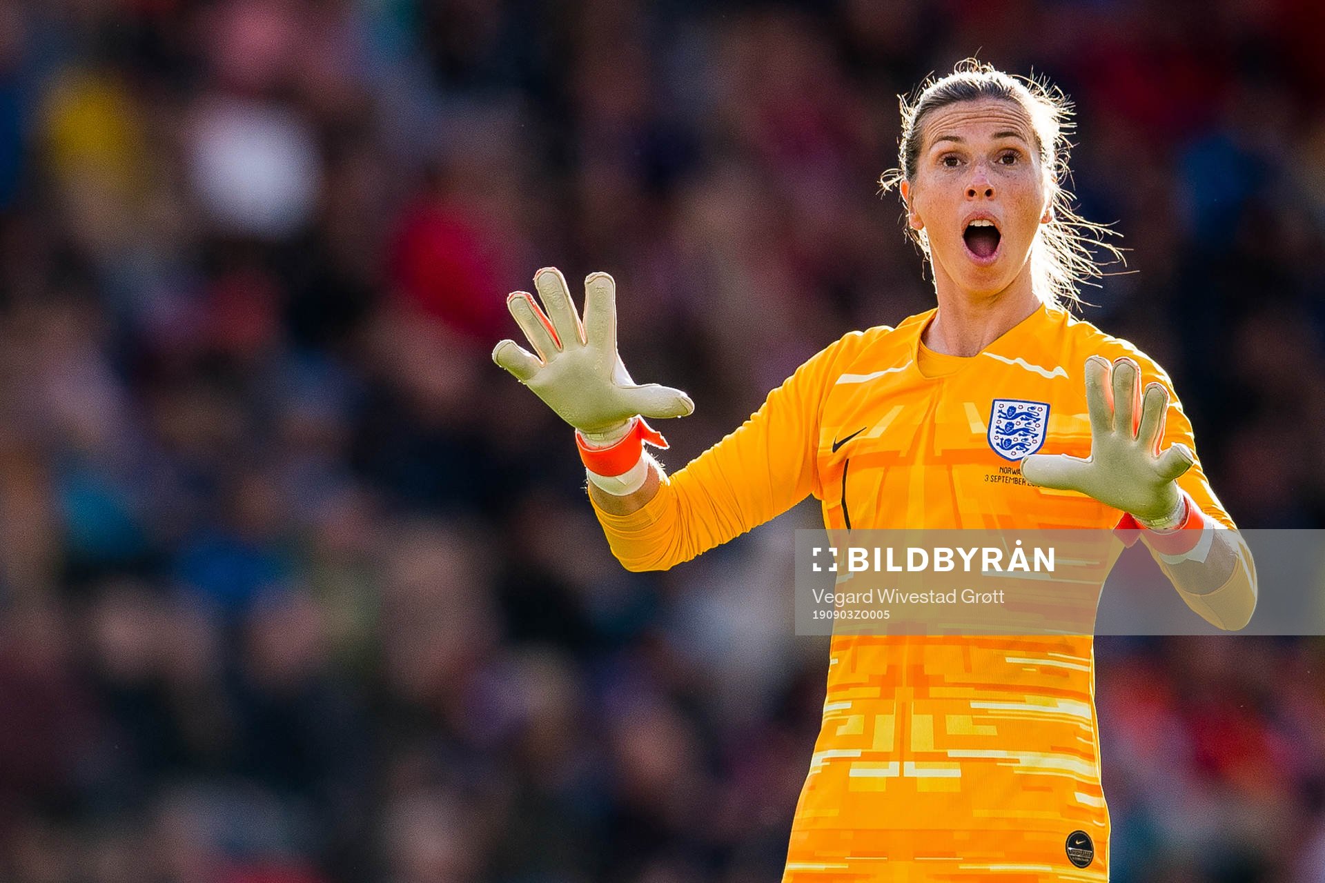 Goalkeeper Carly Telford of England during the women's international friendly football match between Norway and England on September 3, 2019 in Bergen.