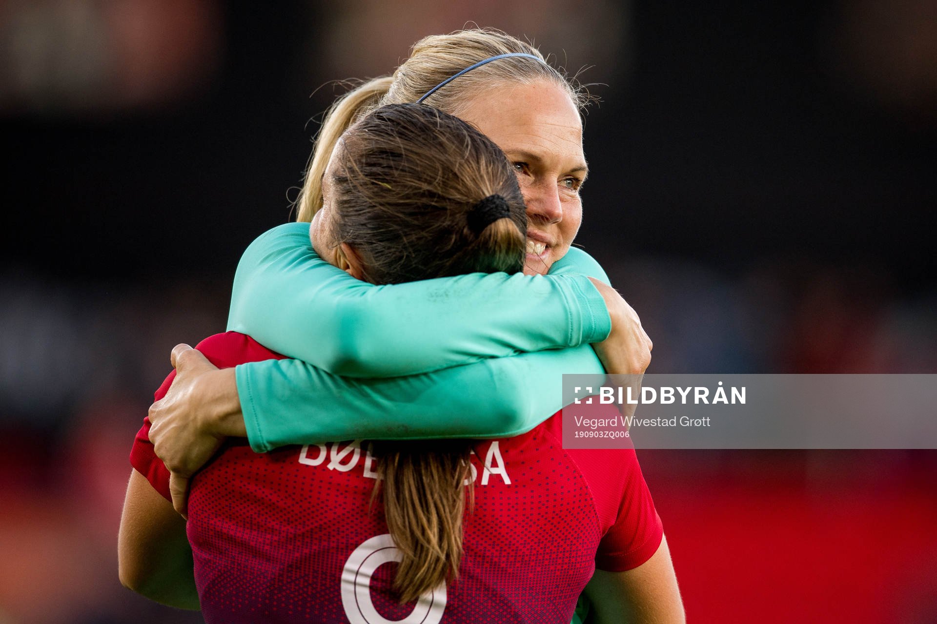 Goalkeeper Ingrid Hjelmseth of Norway with teammate Vilde