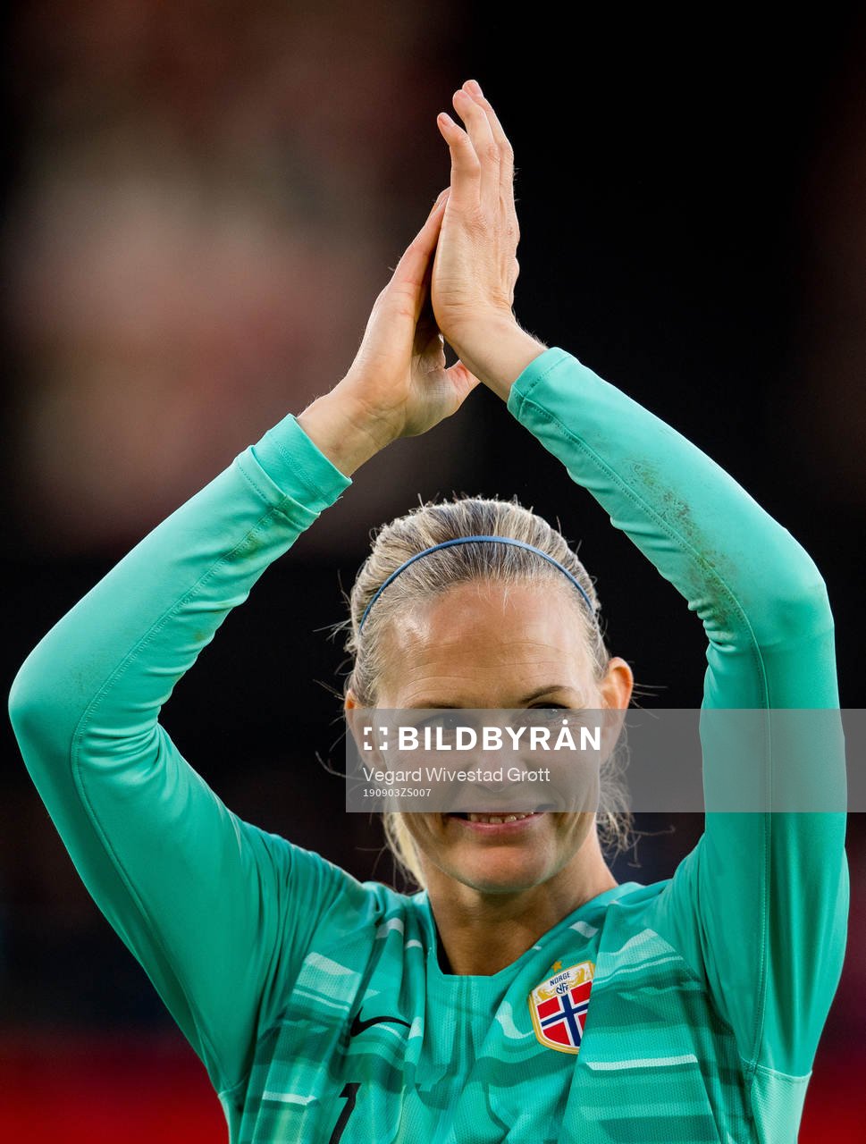 Goalkeeper Ingrid Hjelmseth of Norway reacts