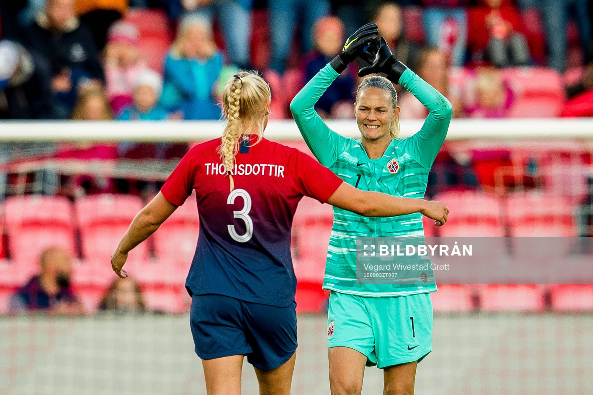 Goalkeeper Ingrid Hjelmseth of Norway with teammate Maria
