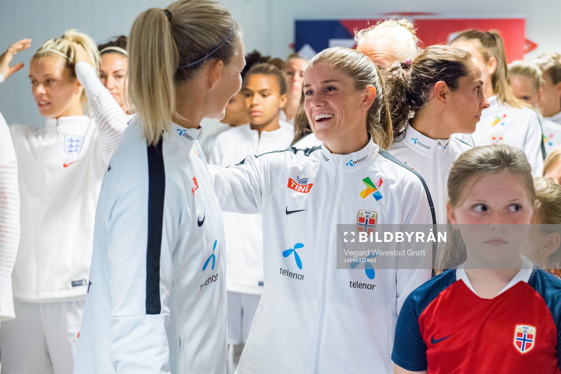 Goalkeeper Ingrid Hjelmseth and Maren Mjelde of Norway