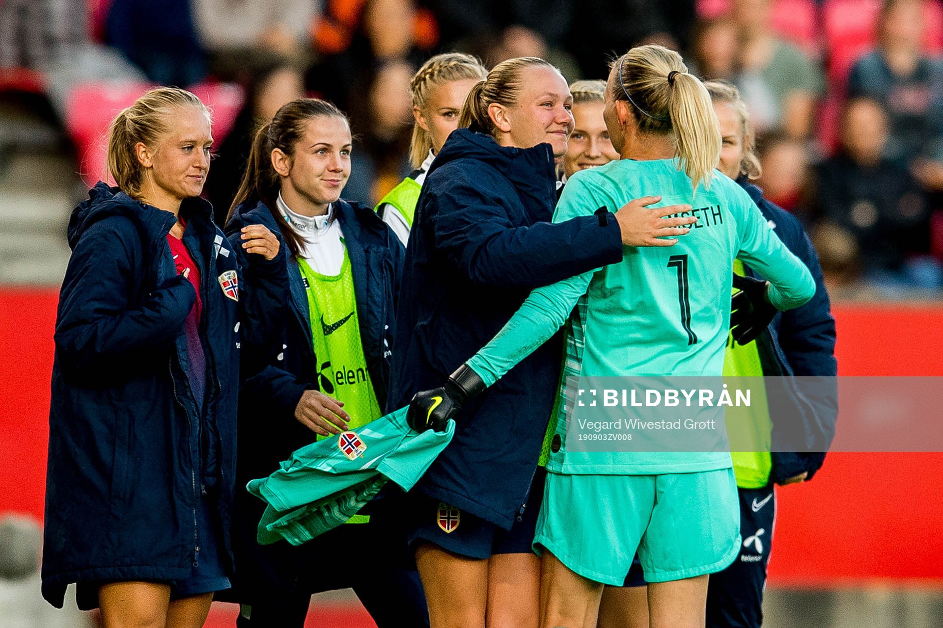 Goalkeeper Ingrid Hjelmseth of Norway with teammate Frida