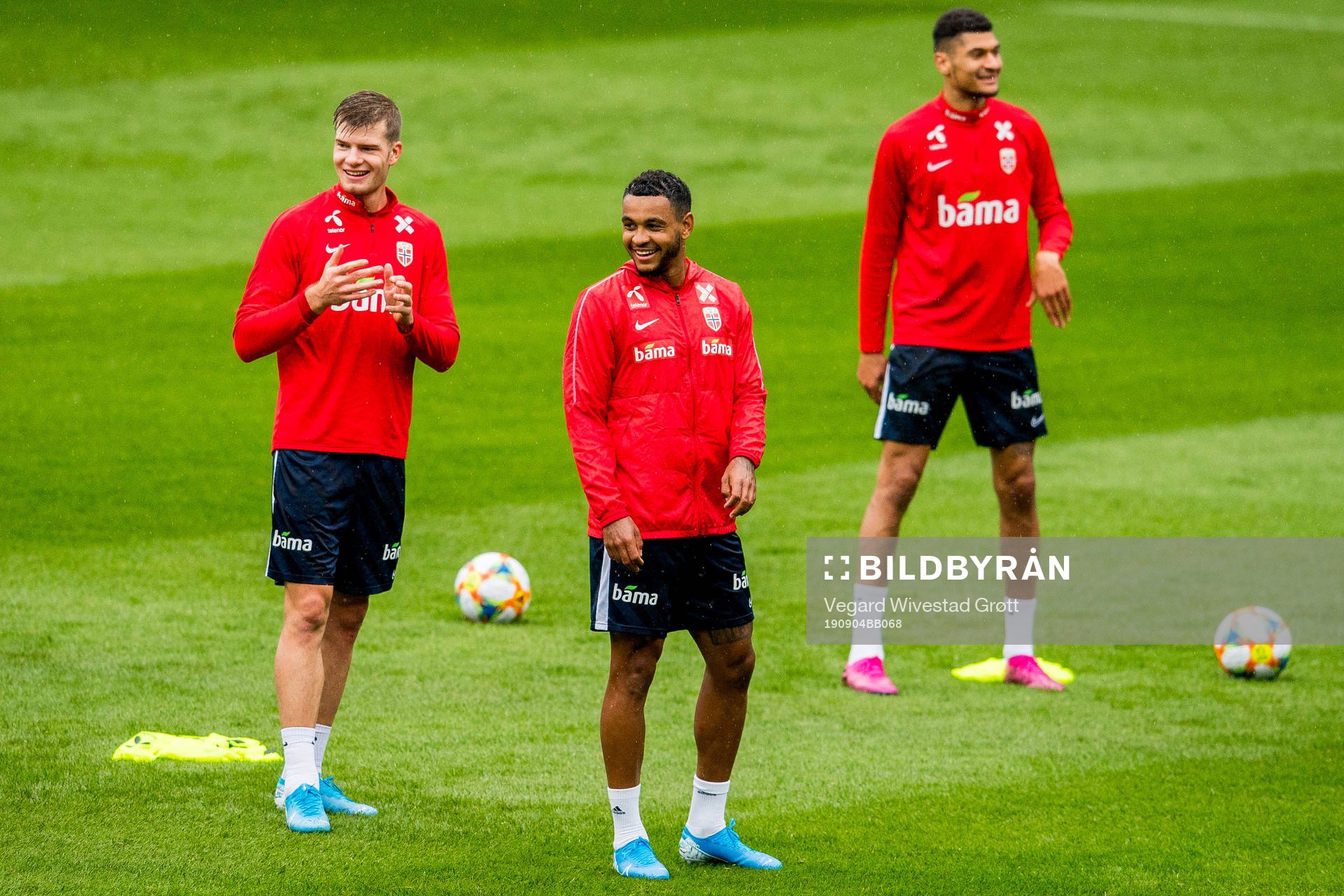 Alexander Sørloth, Joshua King and Bjørn Maars Johnsen of Norway during a training session on September 4, 2019 in Oslo.