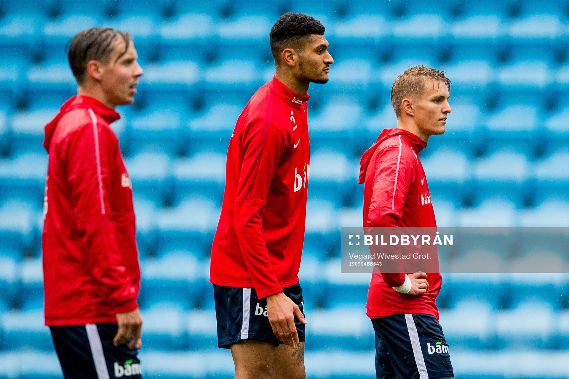 Stefan Johansen, Bjørn Maars Johnsen and Martin Ødegaard of Norway during a training session on September 4, 2019 in Oslo.