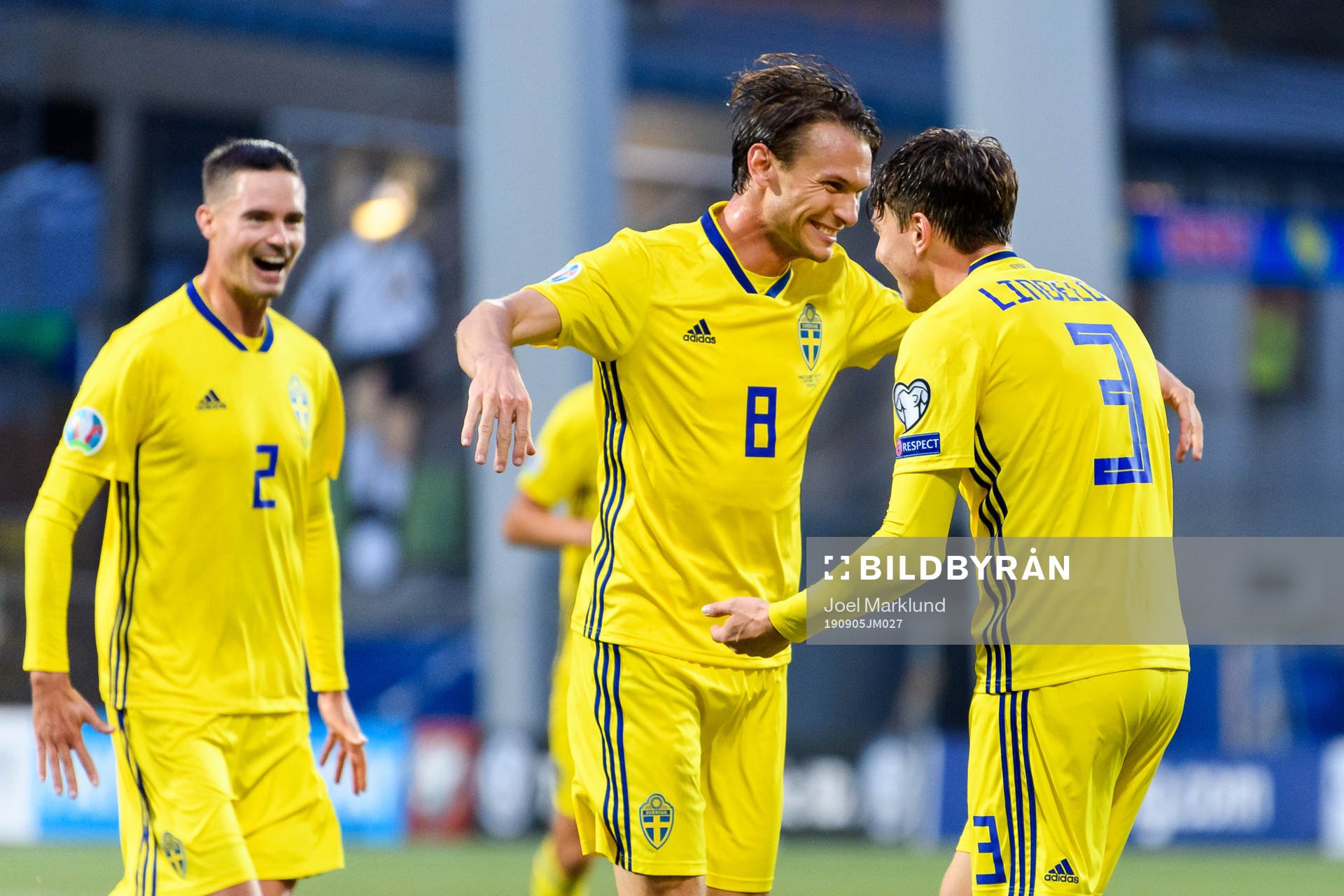 Mikael Lustig, Albin Ekdal and Victor Nilsson Lindelöf of Sweden celebrate after 0-3 by Victor Nilsson Lindelöf during the UEFA Euro Qualifier football match between Faroe Islands and Sweden on September 5, 2019 in Torshavn.