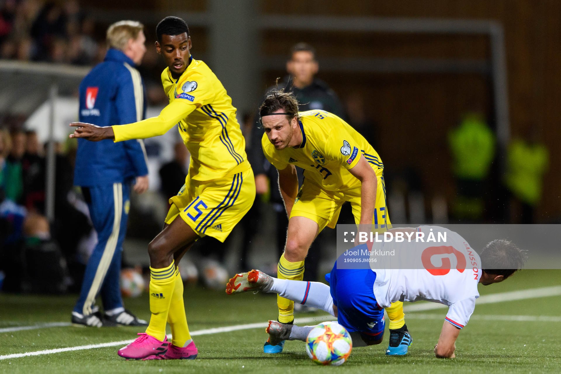 Alexander Isak and Gustav Svensson of Sweden against Hallur