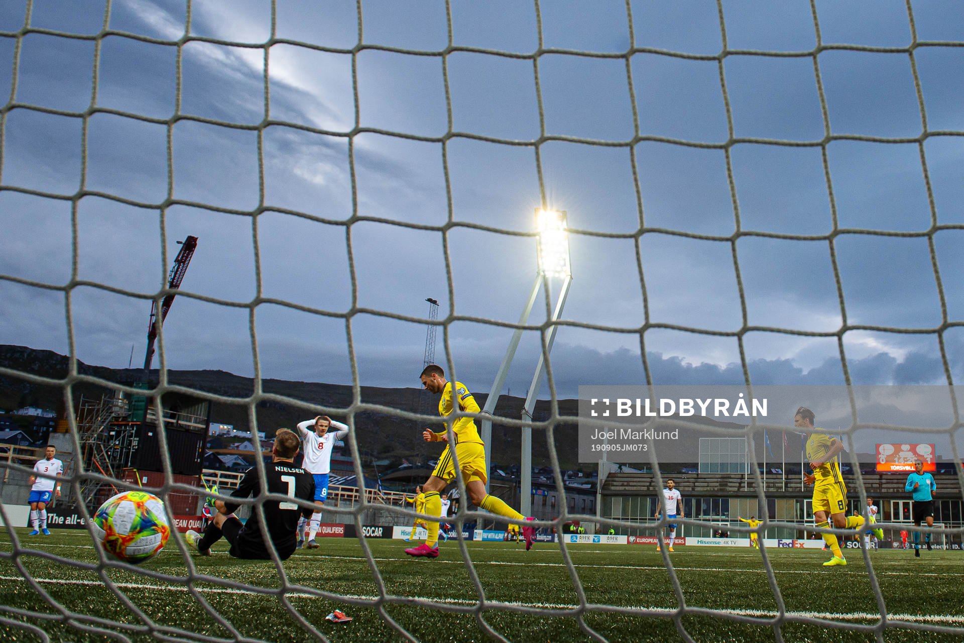 Marcus Berg and Albin Ekdal of Sweden celebrate the 0-2 goal from Alexander Isak (not pictured) during the UEFA Euro Qualifier football match between Faroe Islands and Sweden on September 5, 2019 in Torshavn.