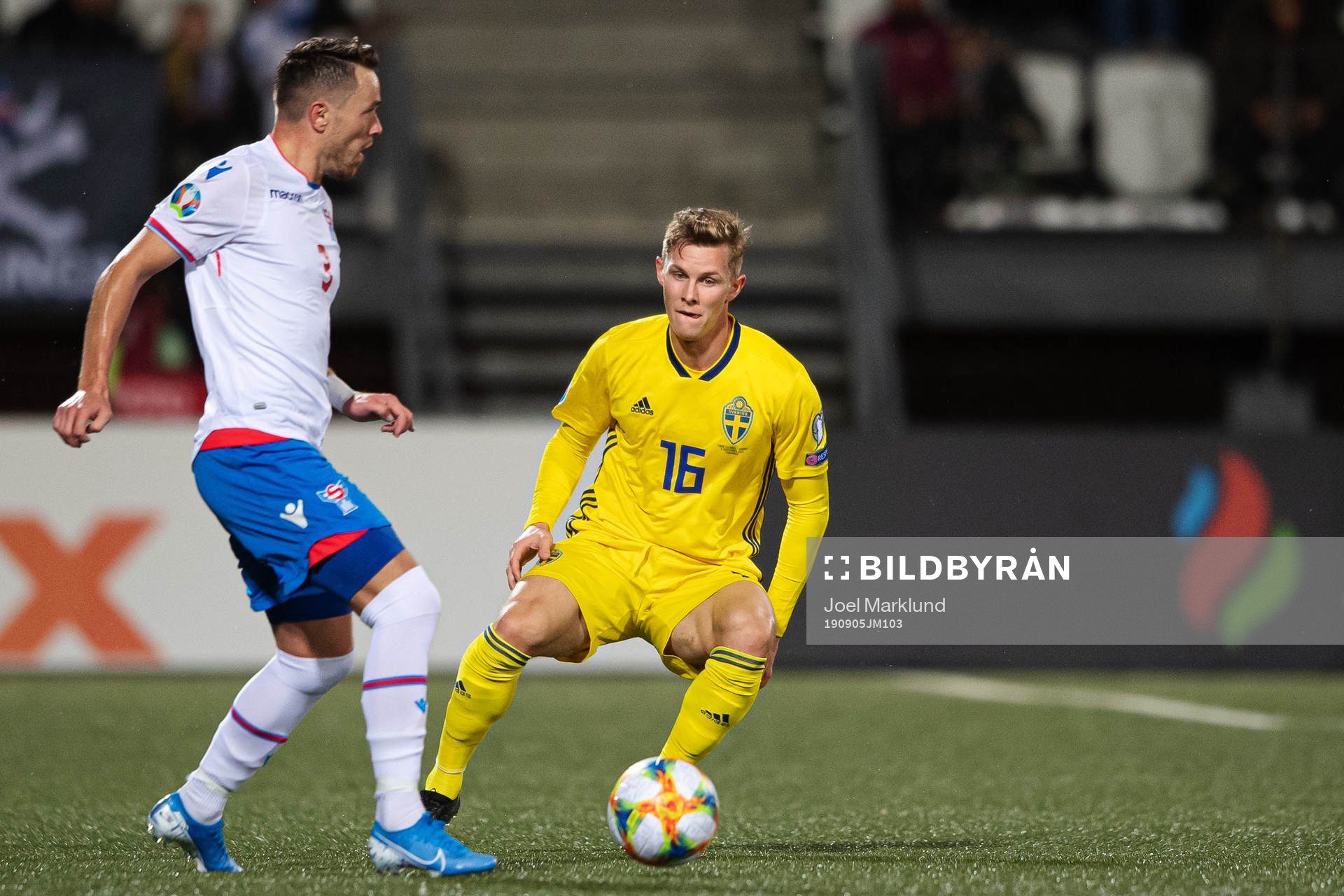 Viljormur Davidsen of Faroe Islands and Emil Krafth of