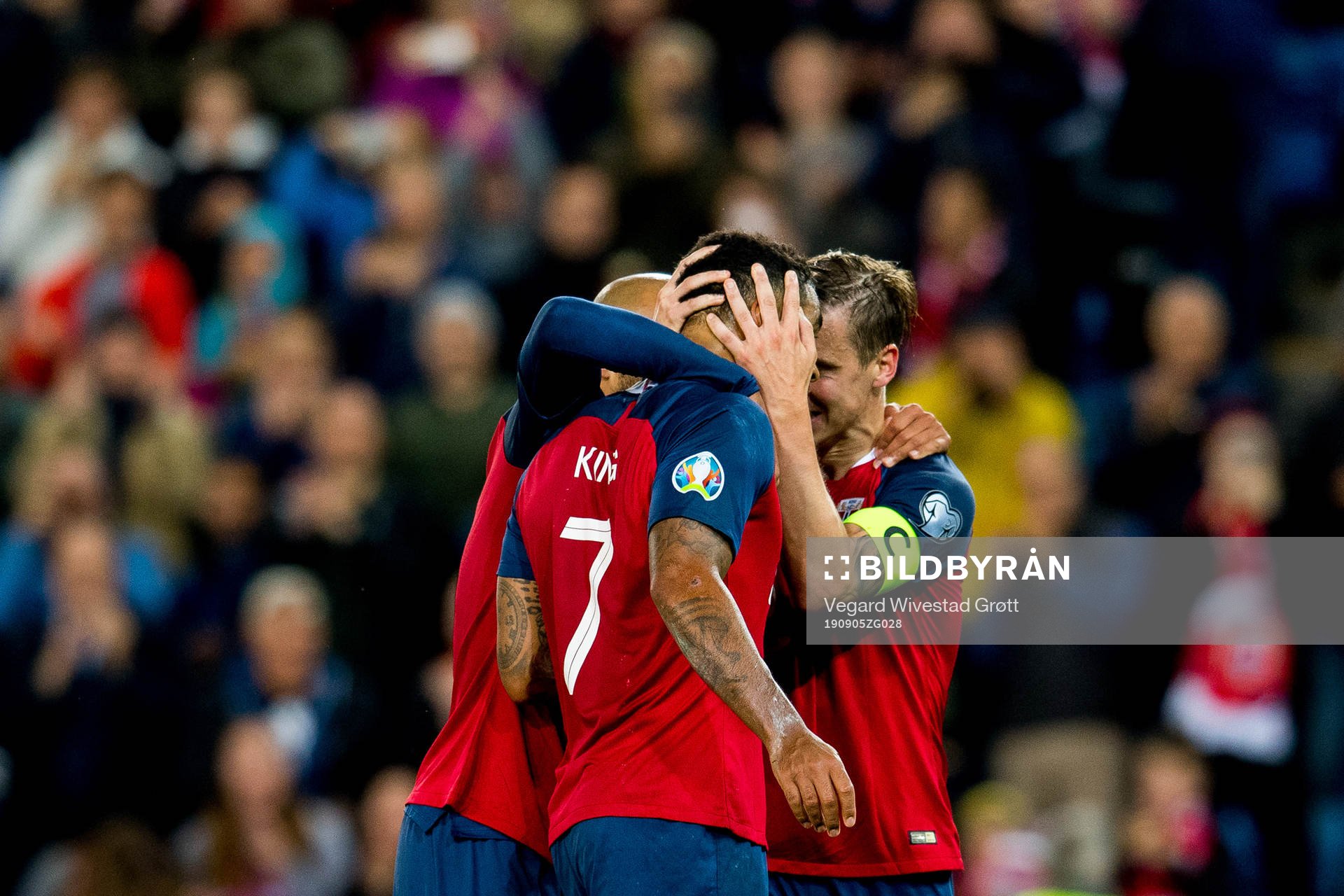 Joshua King of Norway celebrates with teammate Stefan