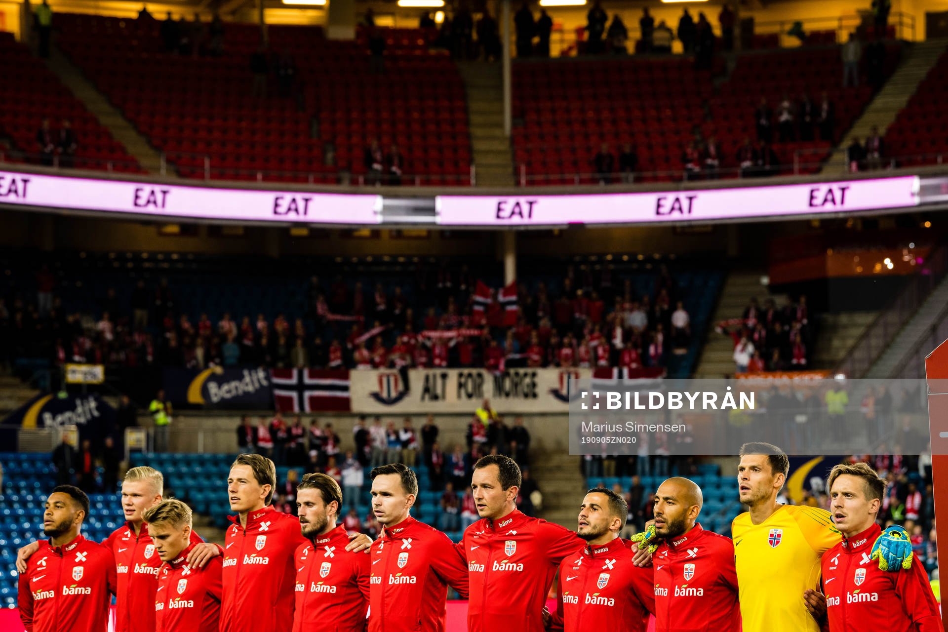 Joshua King, Erling Braut  Haaland, Martin Ødegaard, Sander Gard Bolin Berge, Håvard Nordtveit, Ole Kristian Selnæs, Even Hovland, Omar Elabdellaoui, Haitam Aleesami, Rune Jarstein and Stefan Johansen of Norway ahead of the UEFA Euro qualifier football match between Norway and Malta on September 5, 2019 in Oslo.

