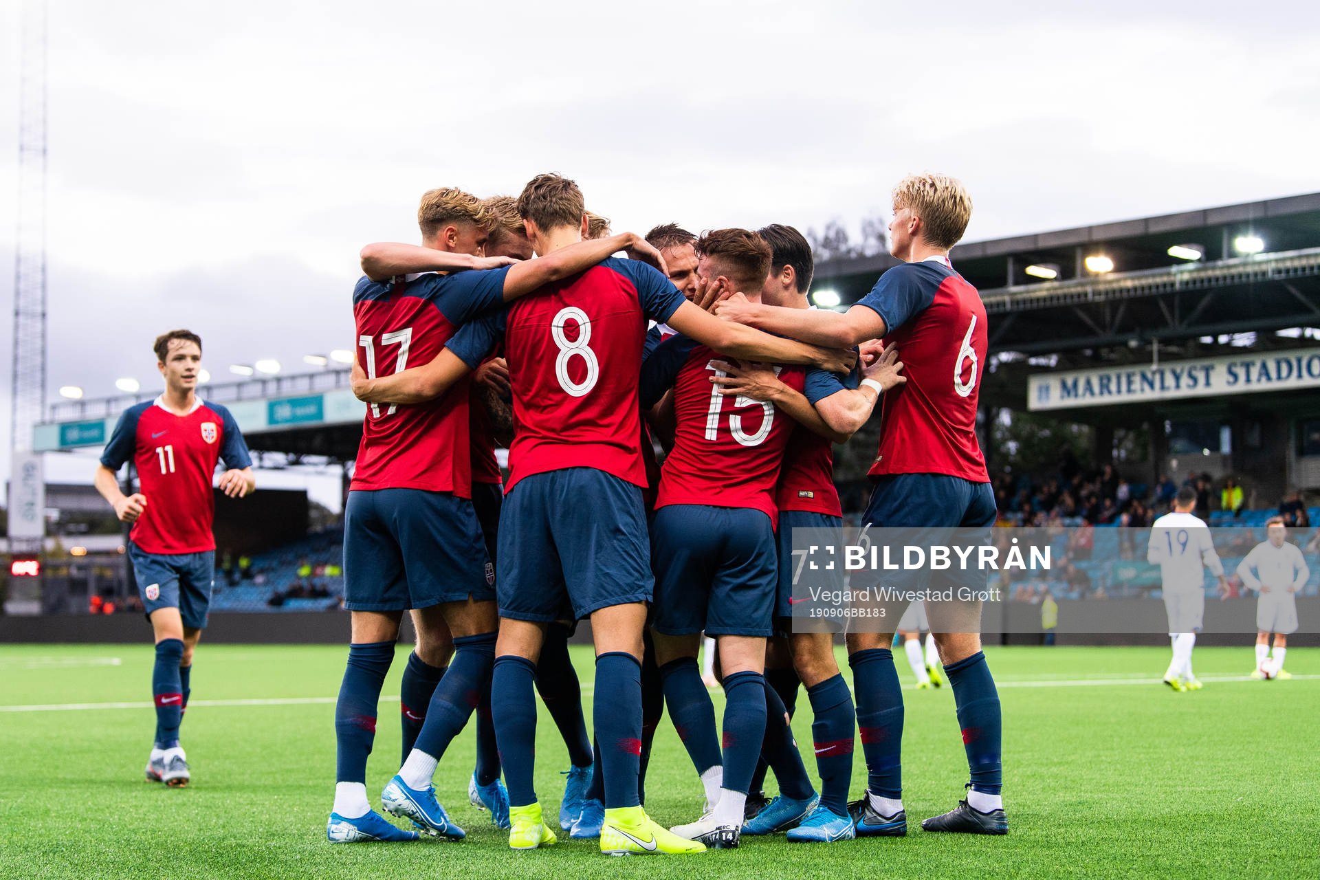 Tobias Heintz of Norway celebrates with teammates after scoring 1-0 during the UEFA European Under-21 Qualifier football match between Norway and Cyprus on September 6, 2019 in Drammen.