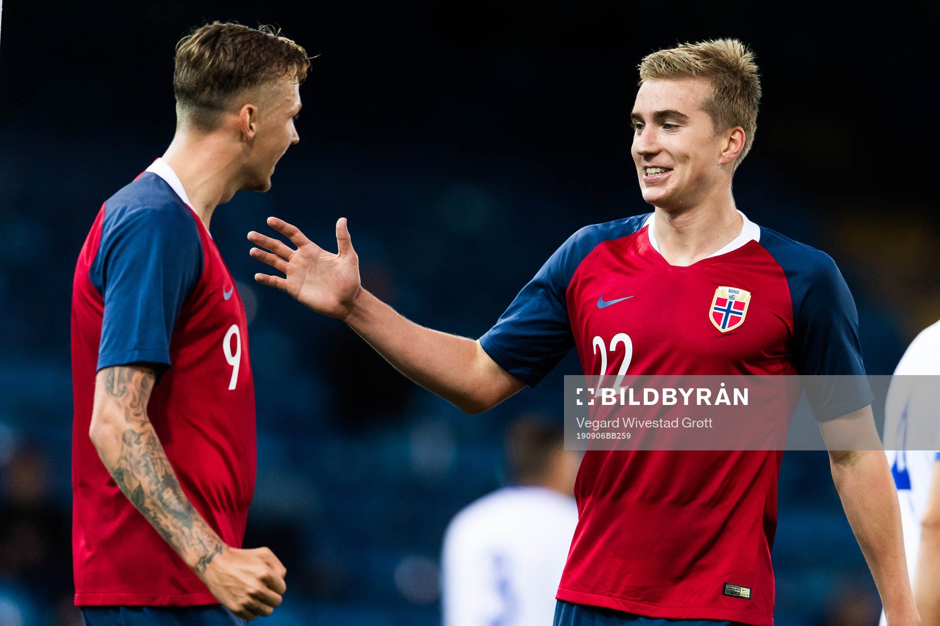 Kristian Thorstvedt of Norway celebrates with teammate Birk Risa after scoring 2-0 during the UEFA European Under-21 Qualifier football match between Norway and Cyprus on September 6, 2019 in Drammen.