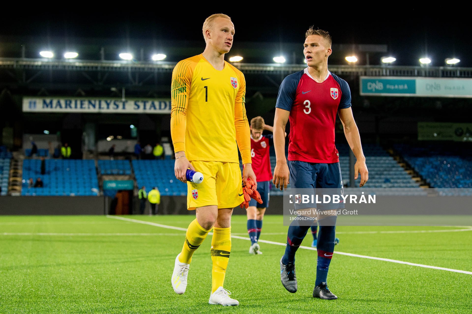 Goalkeeper Julian Faye Lund and Leo Skiri Østigård of Norway after the UEFA European Under-21 Qualifier football match between Norway and Cyprus on September 6, 2019 in Drammen.