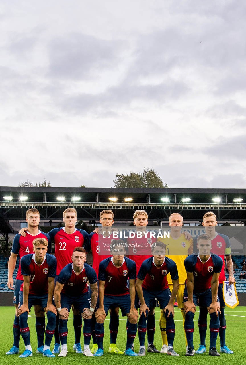 Ulrik Tillung Fredriksen (2nd row), Kristian Thorstvedt, Emil Bohinen, Tobias Borchgrevink Børkeeiet, goalkeeper Julian Faye Lund, Birk Risa, Dennis Johnsen (1st row), Tobias Heintz, Hugo Vegard Vetlesen, Håkon Evjen and Leo Skiri Østigård of Norway pose for a team photo ahead of the UEFA European Under-21 Qualifier football match between Norway and Cyprus on September 6, 2019 in Drammen.