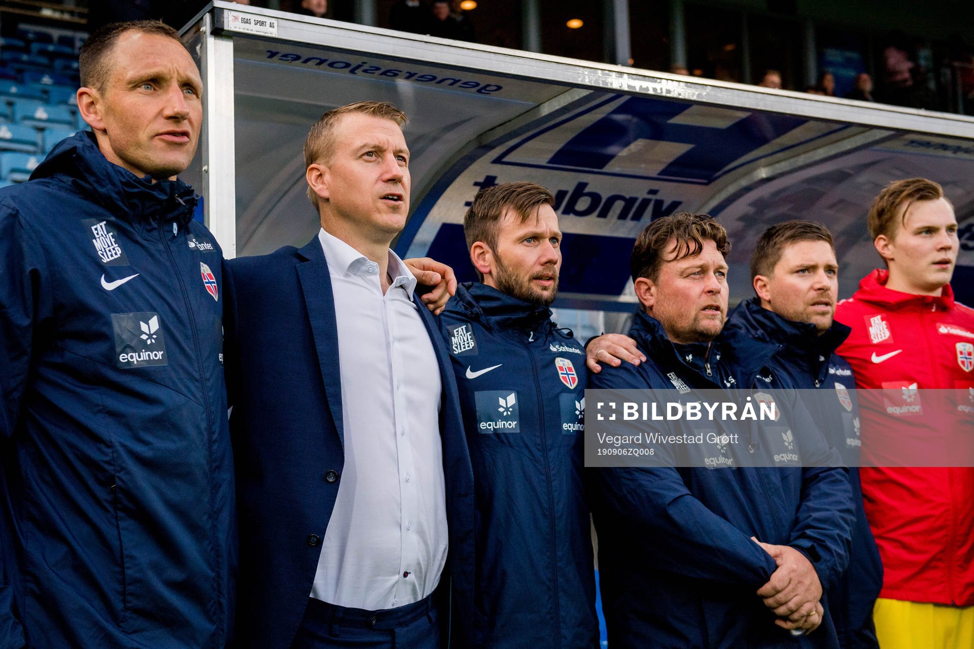 Terje Skjeldestad, goalkeeper coach, Leif Gunnar Smerud, head coach, Mathias Haugaasen, video analyst, Bård Homstøl, physio, Sigbjørn Korneliussen, team manager, and goalkeeper Kristoffer Klaesson of Norway ahead of the UEFA European Under-21 Qualifier football match between Norway and Cyprus on September 6, 2019 in Drammen.