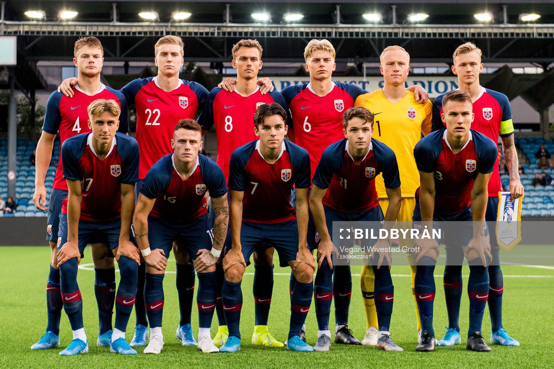 Ulrik Tillung Fredriksen (2nd row), Kristian Thorstvedt, Emil Bohinen, Tobias Borchgrevink Børkeeiet, goalkeeper Julian Faye Lund, Birk Risa, Dennis Johnsen (1st row), Tobias Heintz, Hugo Vegard Vetlesen, Håkon Evjen and Leo Skiri Østigård of Norway pose for a team photo ahead of the UEFA European Under-21 Qualifier football match between Norway and Cyprus on September 6, 2019 in Drammen.