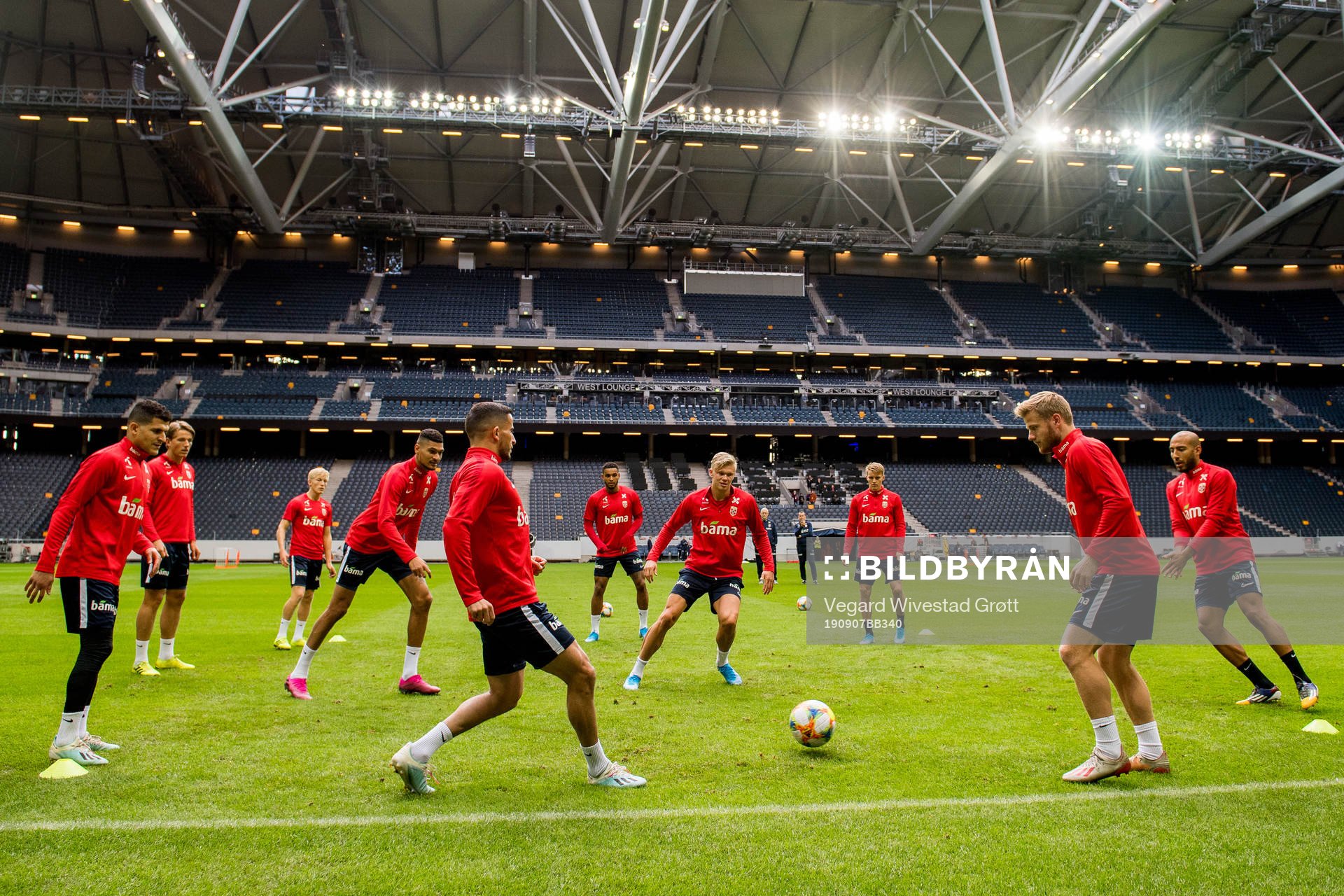 Tarik Elyounoussi, Bjørn Maars Johnsen, Omar Elabdellaoui, Erling Braut Haaland, Martin Ødegaard, Fredrik Midtsjø and Haitam Aleesami of Norway during a training session on September 7, 2019 in Stockholm.