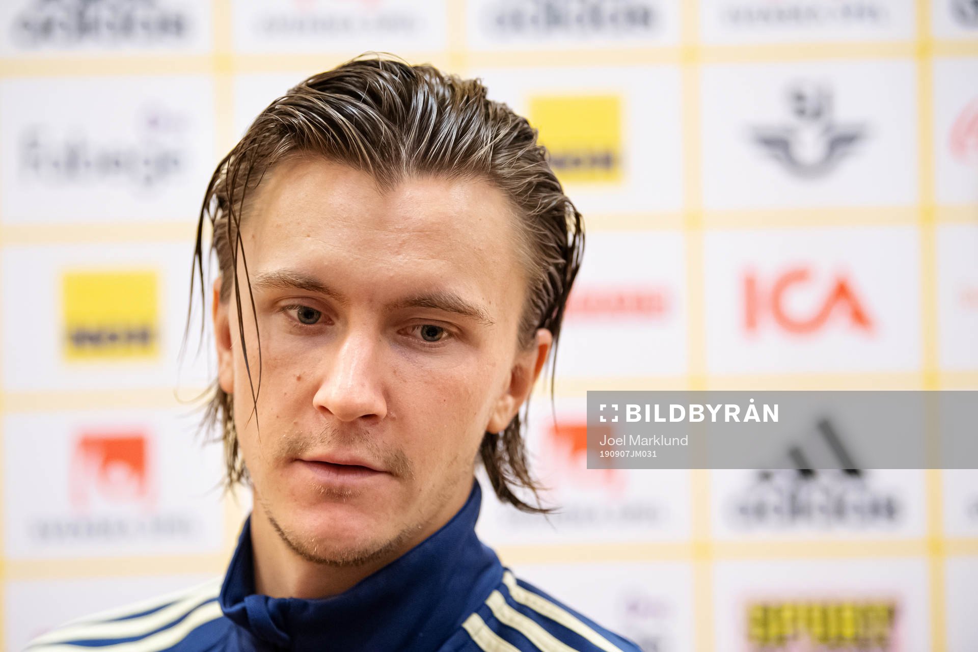 Kristoffer Olsson of the Swedish national football team during a mixed zone session on September 7, 2019 in Stockholm.